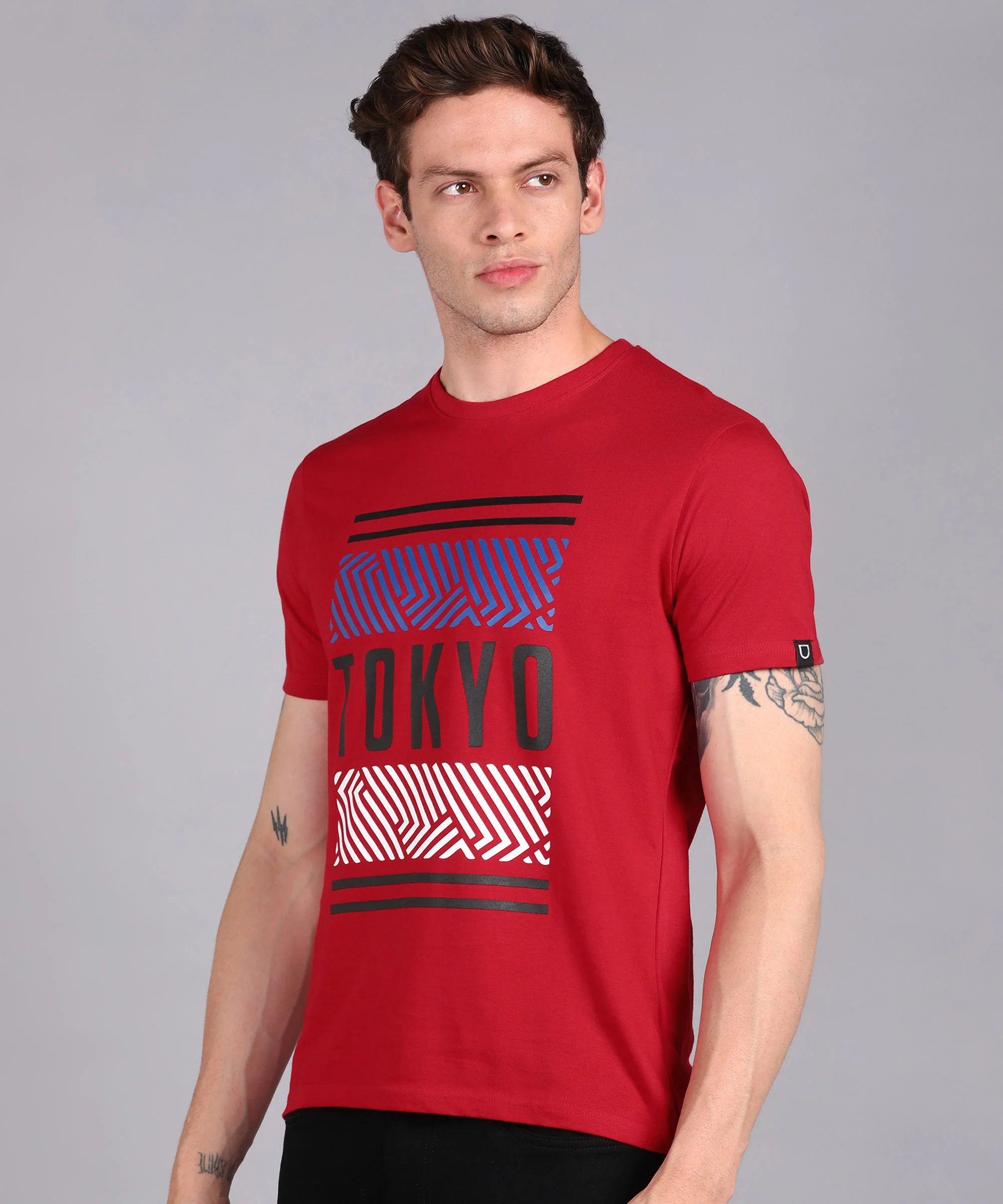 Urbano Fashion Men's Red Graphic Printed Round Neck Half Sleeve Slim Fit Cotton T-Shirt - Image 2