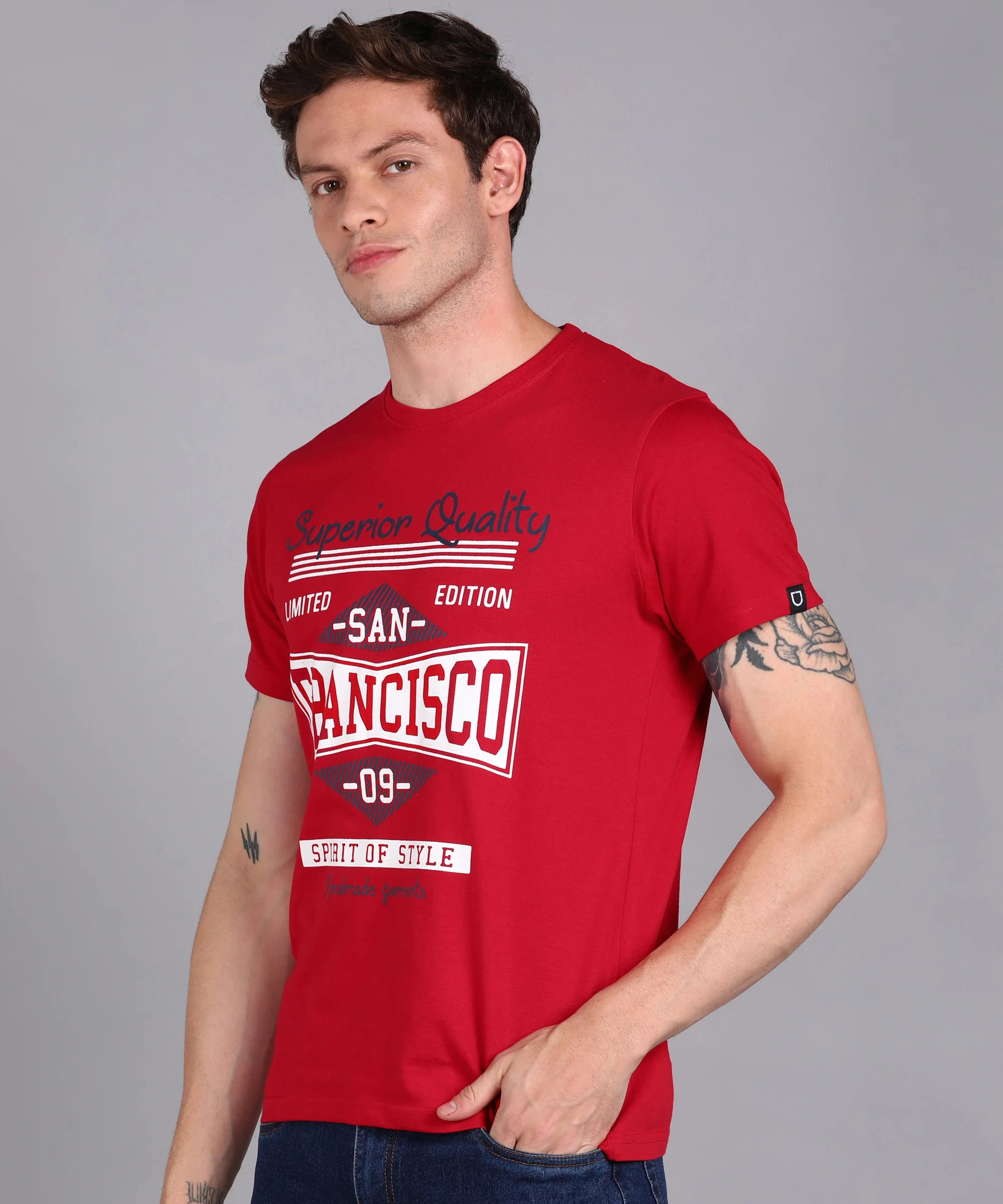 Urbano Fashion Men's Red Graphic Printed Round Neck Half Sleeve Slim Fit Cotton T-Shirt - Image 2