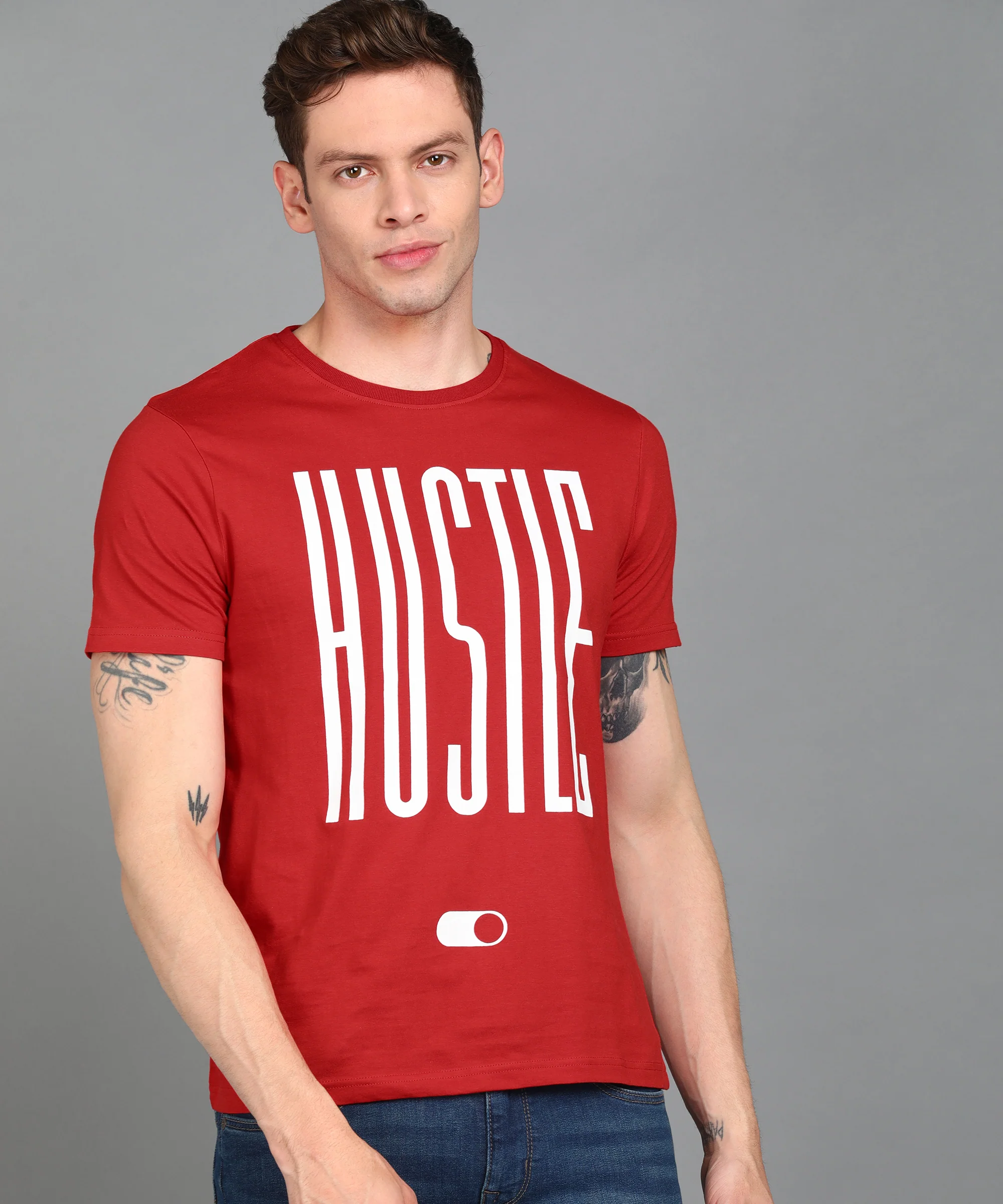 Urbano Fashion Men's Red Graphic Printed Round Neck Half Sleeve Slim Fit Cotton T-Shirt