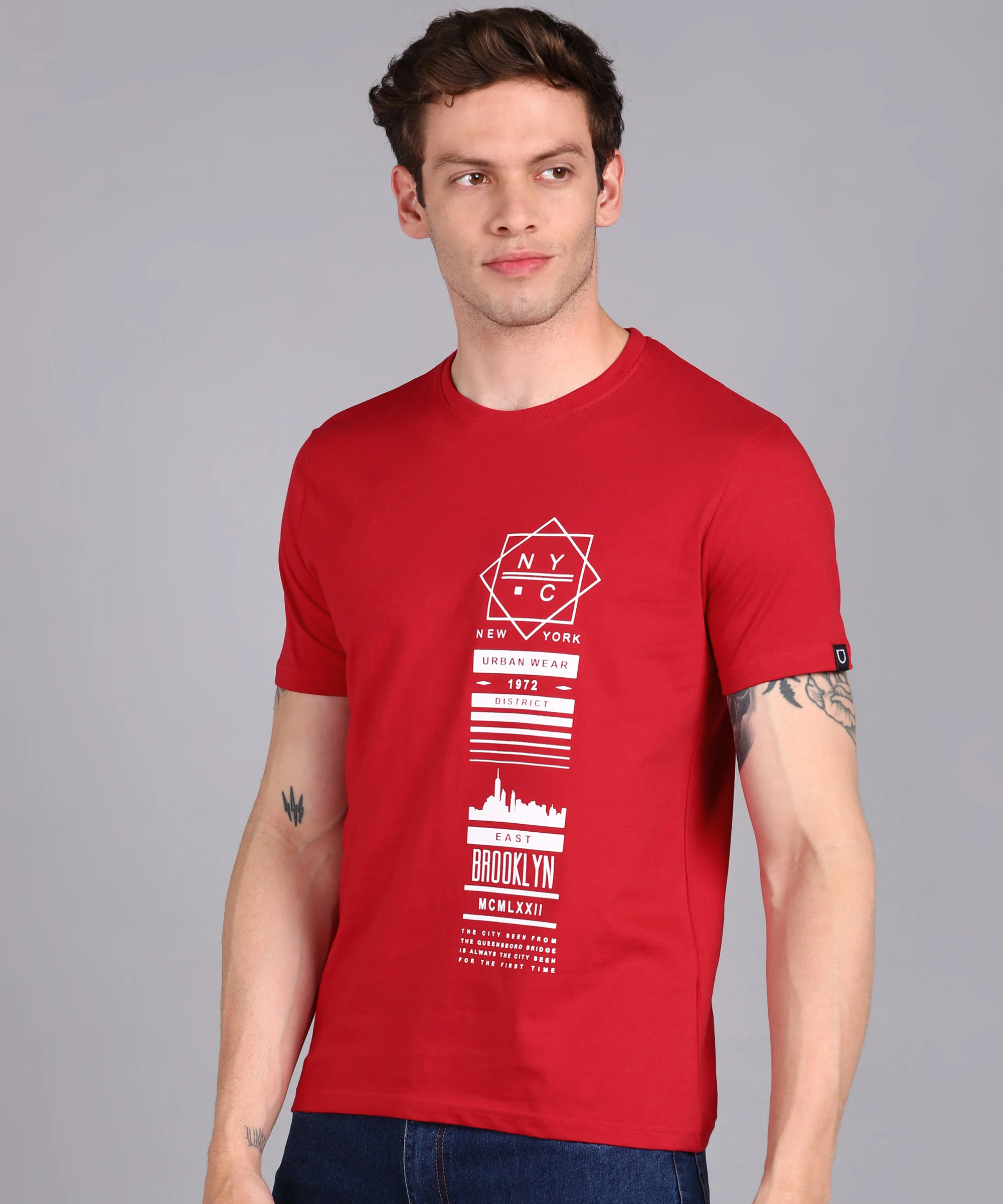 Urbano Fashion Men's Red Graphic Printed Round Neck Half Sleeve Slim Fit Cotton T-Shirt - Image 2