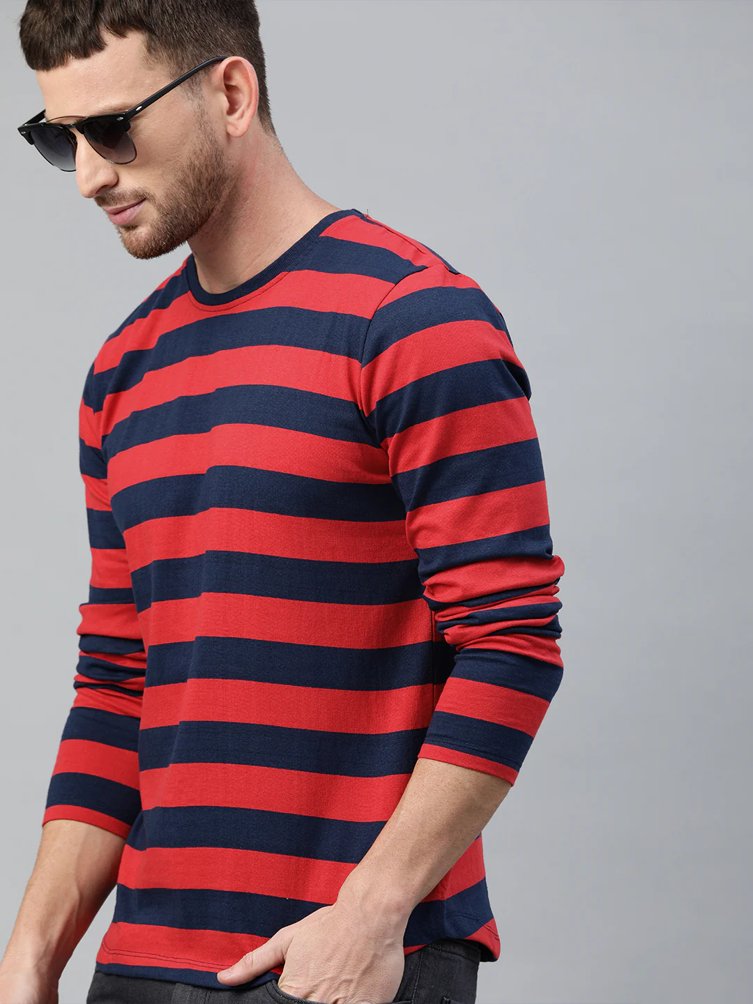 Men's Red, Navy Blue Striped Half Sleeve Slim Fit Cotton T-Shirt - Image 2
