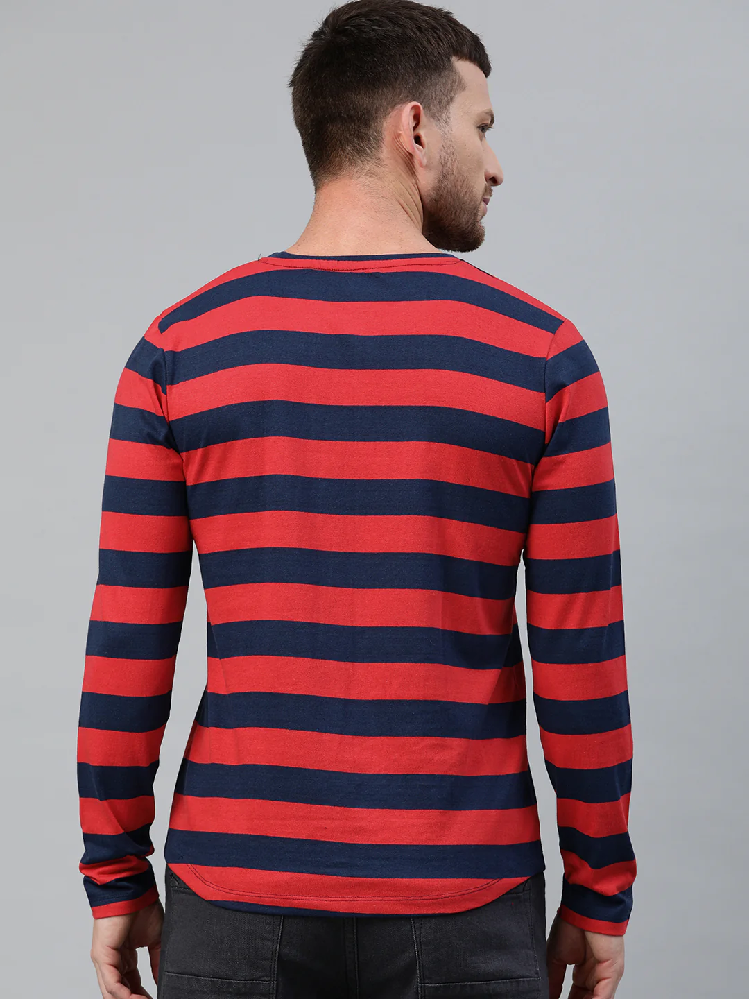 Men's Red, Navy Blue Striped Half Sleeve Slim Fit Cotton T-Shirt - Image 3