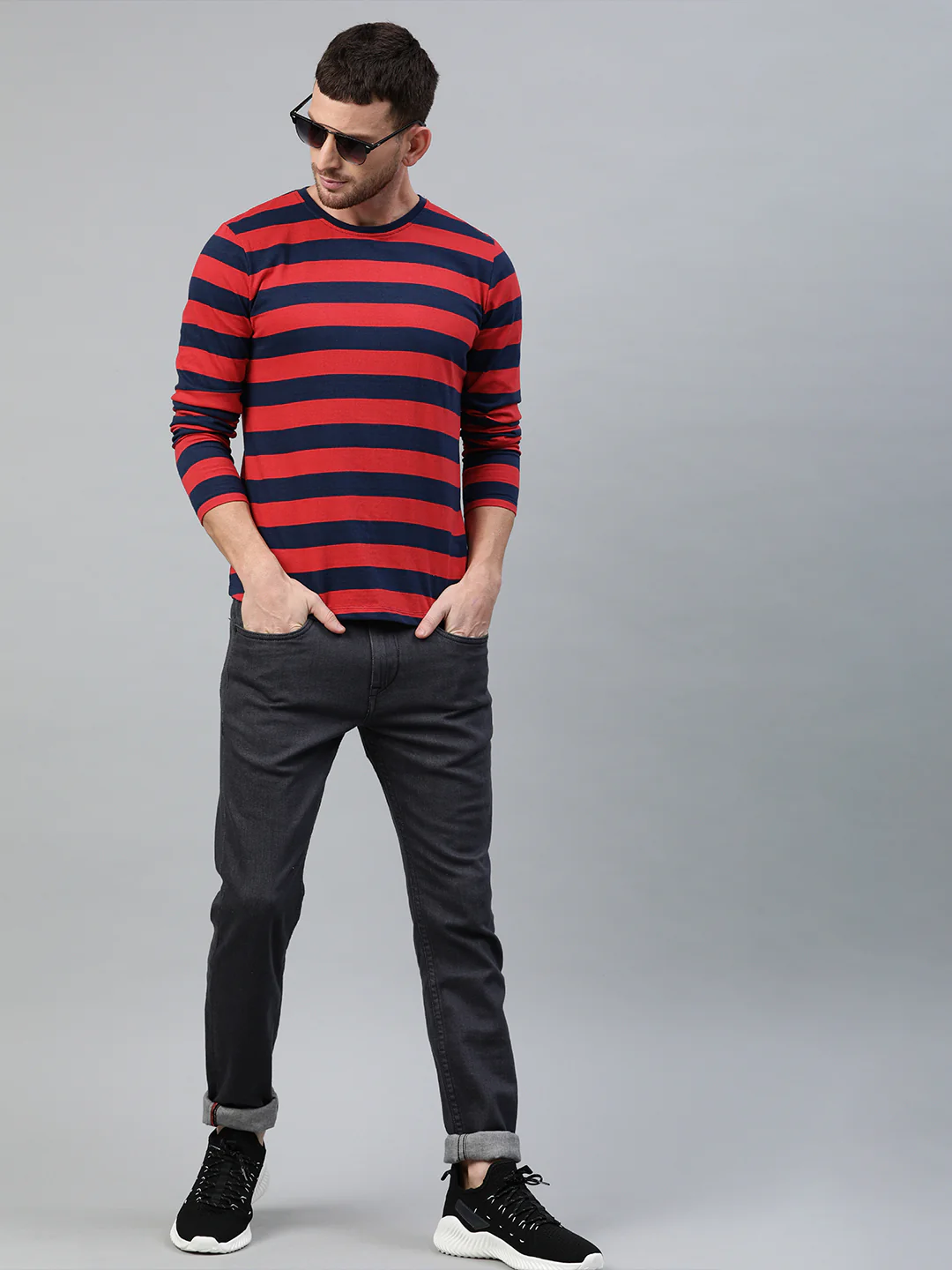 Men's Red, Navy Blue Striped Half Sleeve Slim Fit Cotton T-Shirt - Image 4