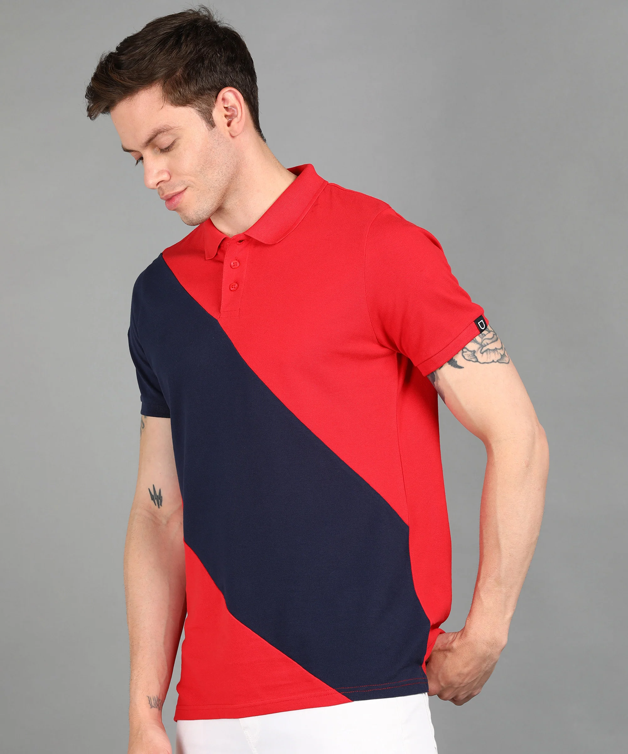 Men's Red, Navy Colour-Block Slim Fit Half Sleeve Cotton Polo T-Shirt - Image 2