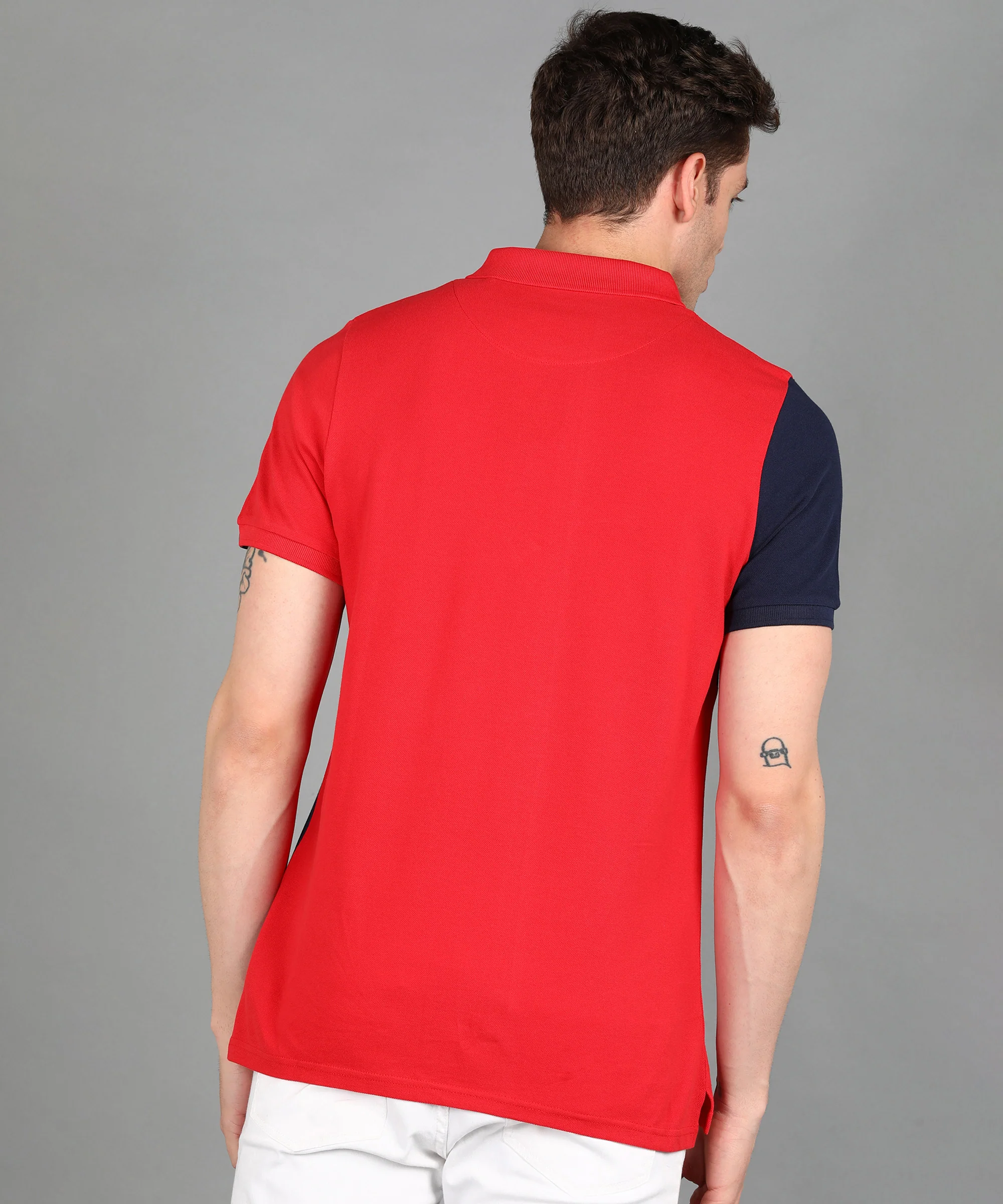 Men's Red, Navy Colour-Block Slim Fit Half Sleeve Cotton Polo T-Shirt - Image 3