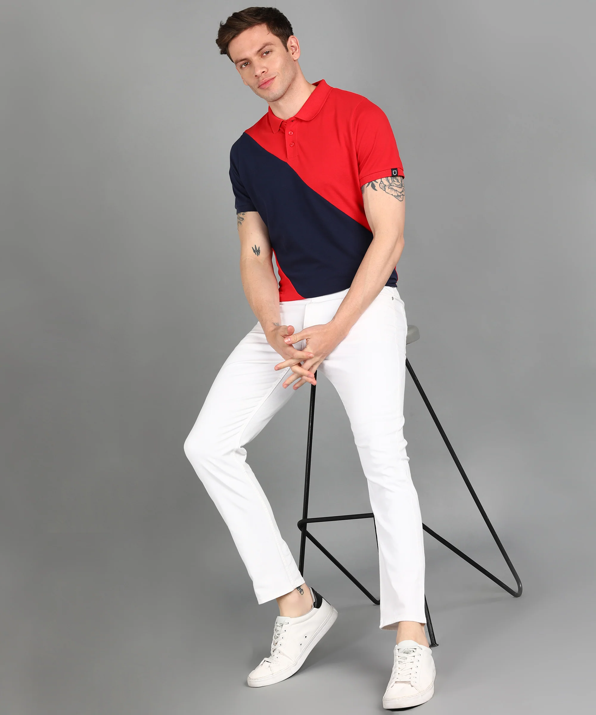 Men's Red, Navy Colour-Block Slim Fit Half Sleeve Cotton Polo T-Shirt - Image 4