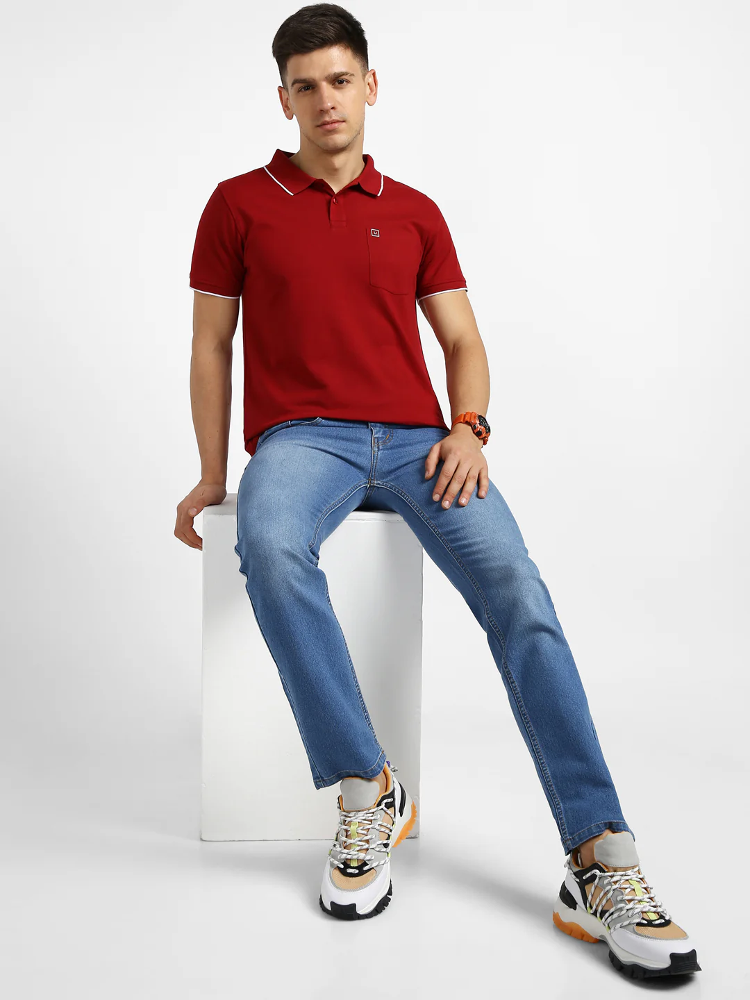 Men's Red Solid Slim Fit Half Sleeve Cotton Polo T-Shirt - Image 4