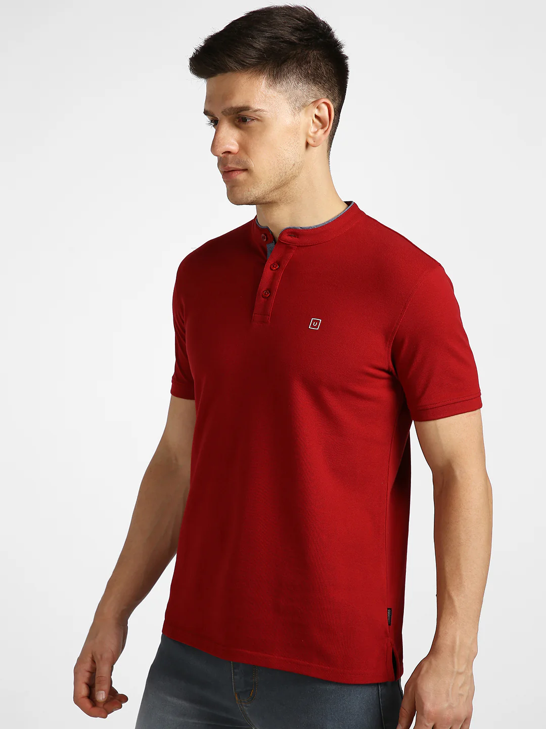 Men's Red Solid Slim Fit Half Sleeve Cotton Polo T-Shirt with Mandarin Collar - Image 2