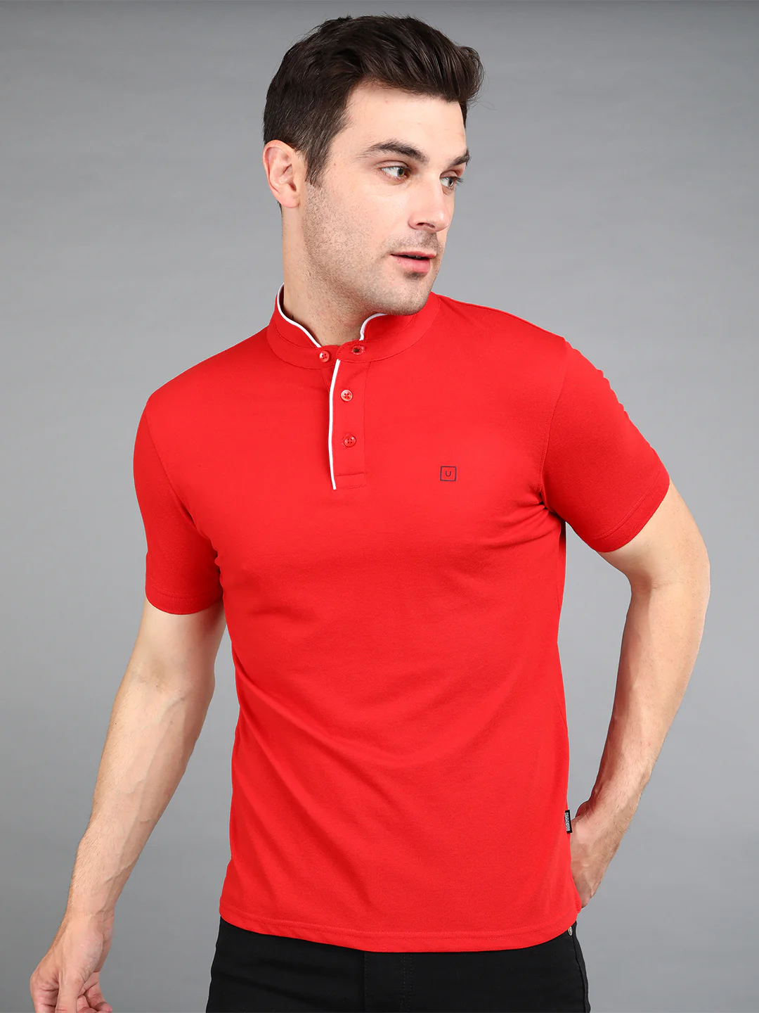 Men's Red Solid Slim Fit Half Sleeve Cotton Polo T-Shirt with Mandarin Collar