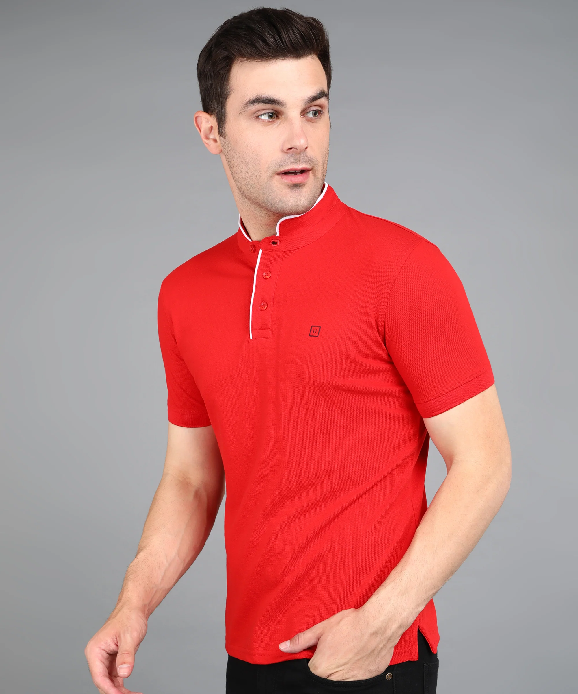 Men's Red Solid Slim Fit Half Sleeve Cotton Polo T-Shirt with Mandarin Collar - Image 2