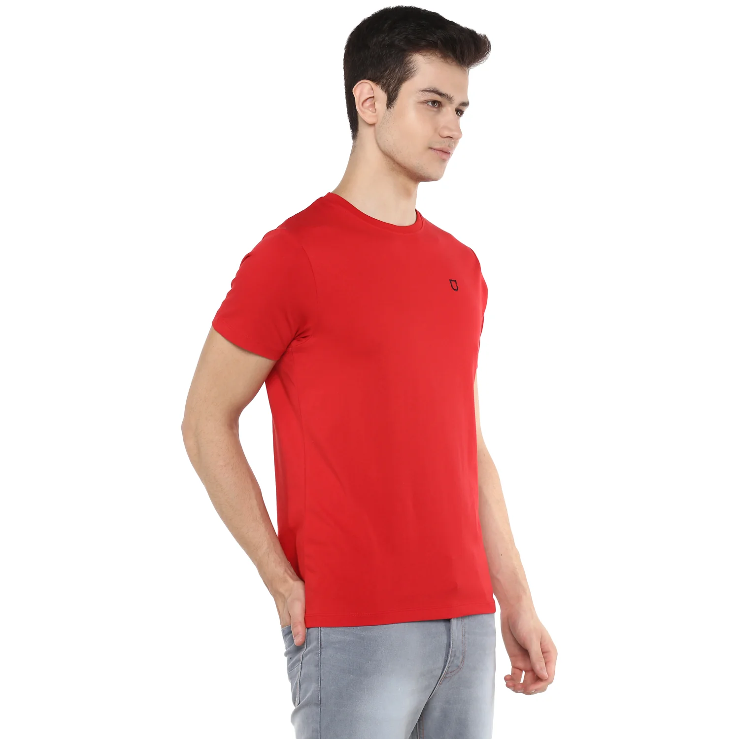 Men's Red Solid Slim Fit Round Neck Cotton T-Shirt - Image 2