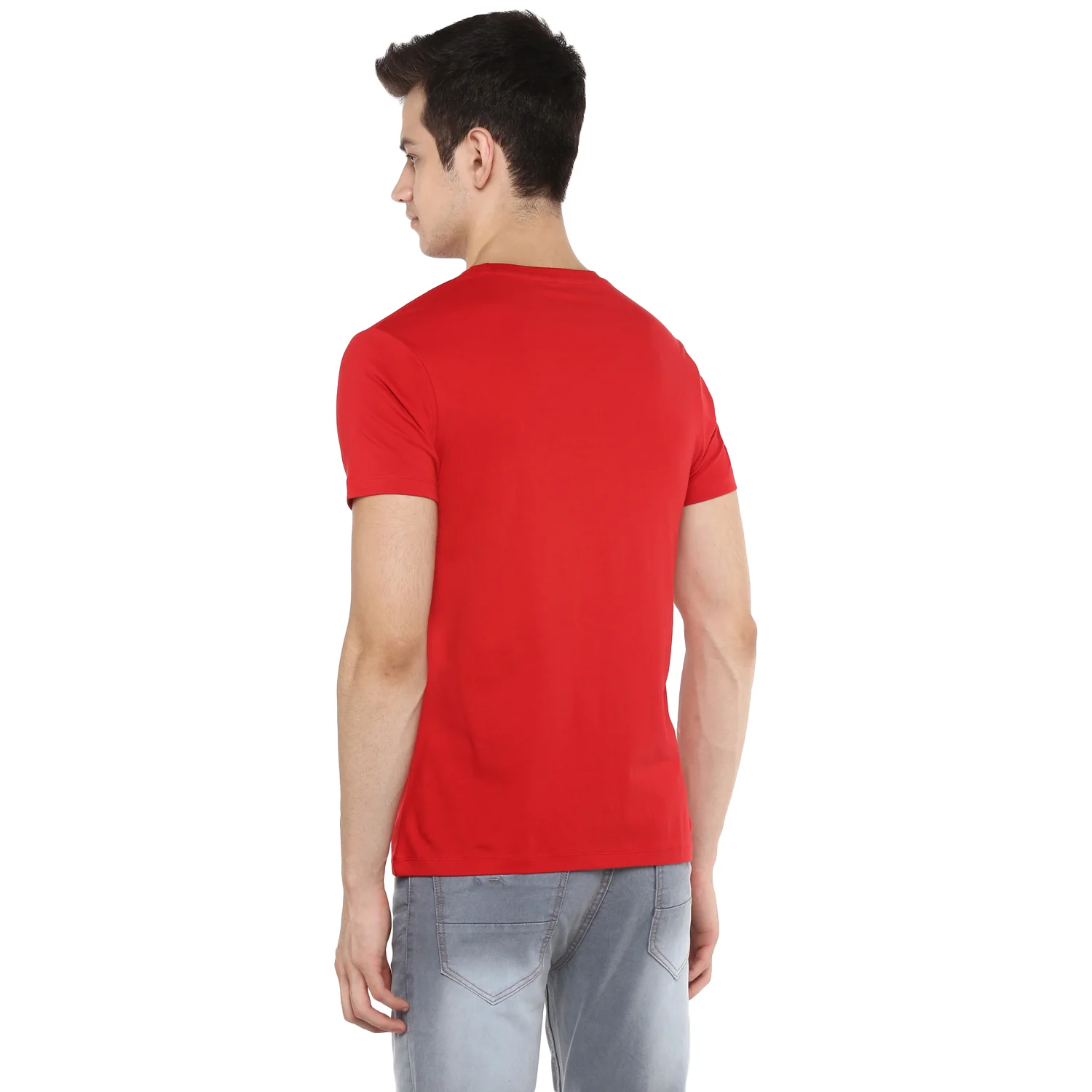Men's Red Solid Slim Fit Round Neck Cotton T-Shirt - Image 3