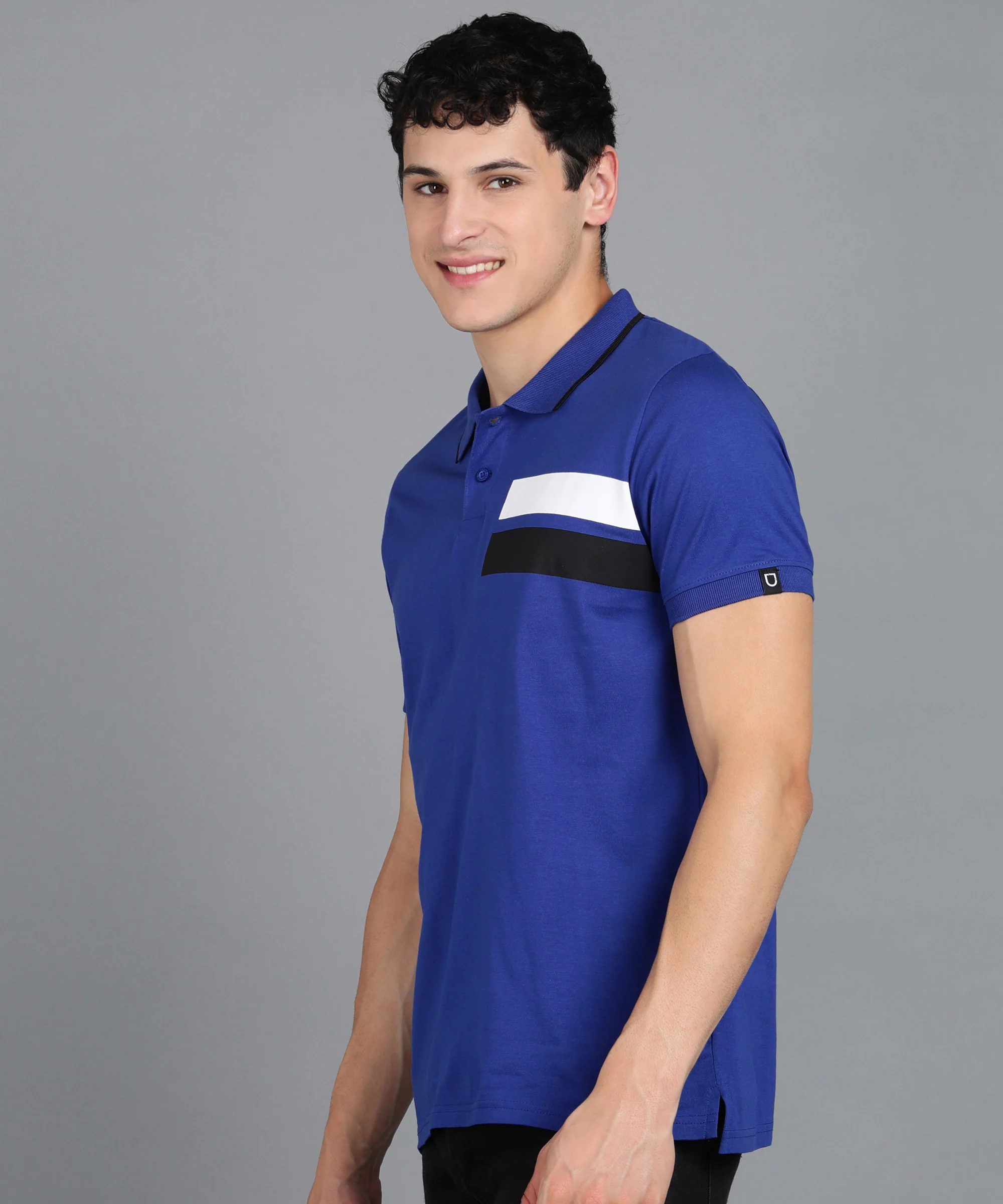 Men's Royal Blue Colour-Block Slim Fit Half Sleeve Cotton Polo T-Shirt - Image 2