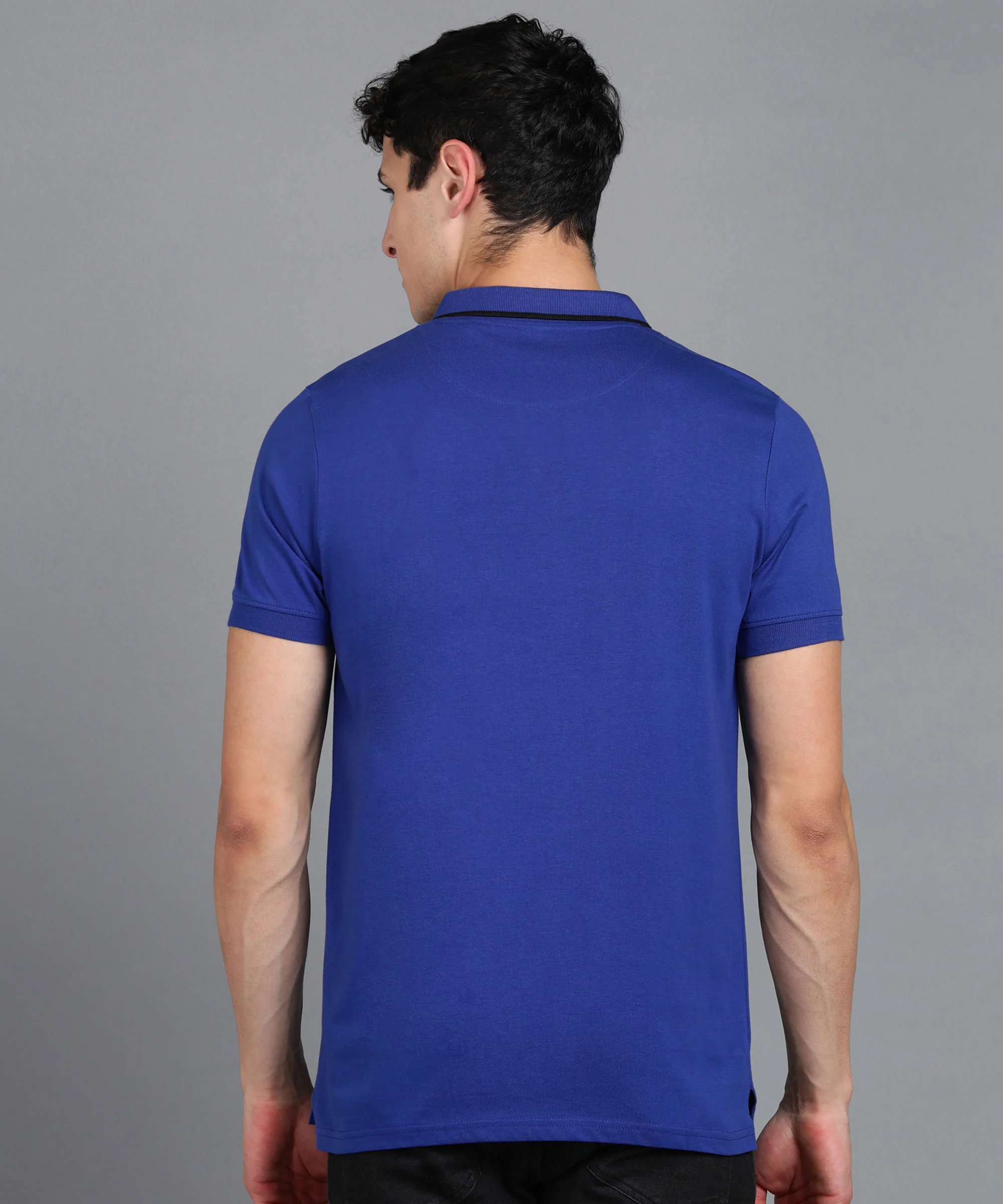 Men's Royal Blue Colour-Block Slim Fit Half Sleeve Cotton Polo T-Shirt - Image 3