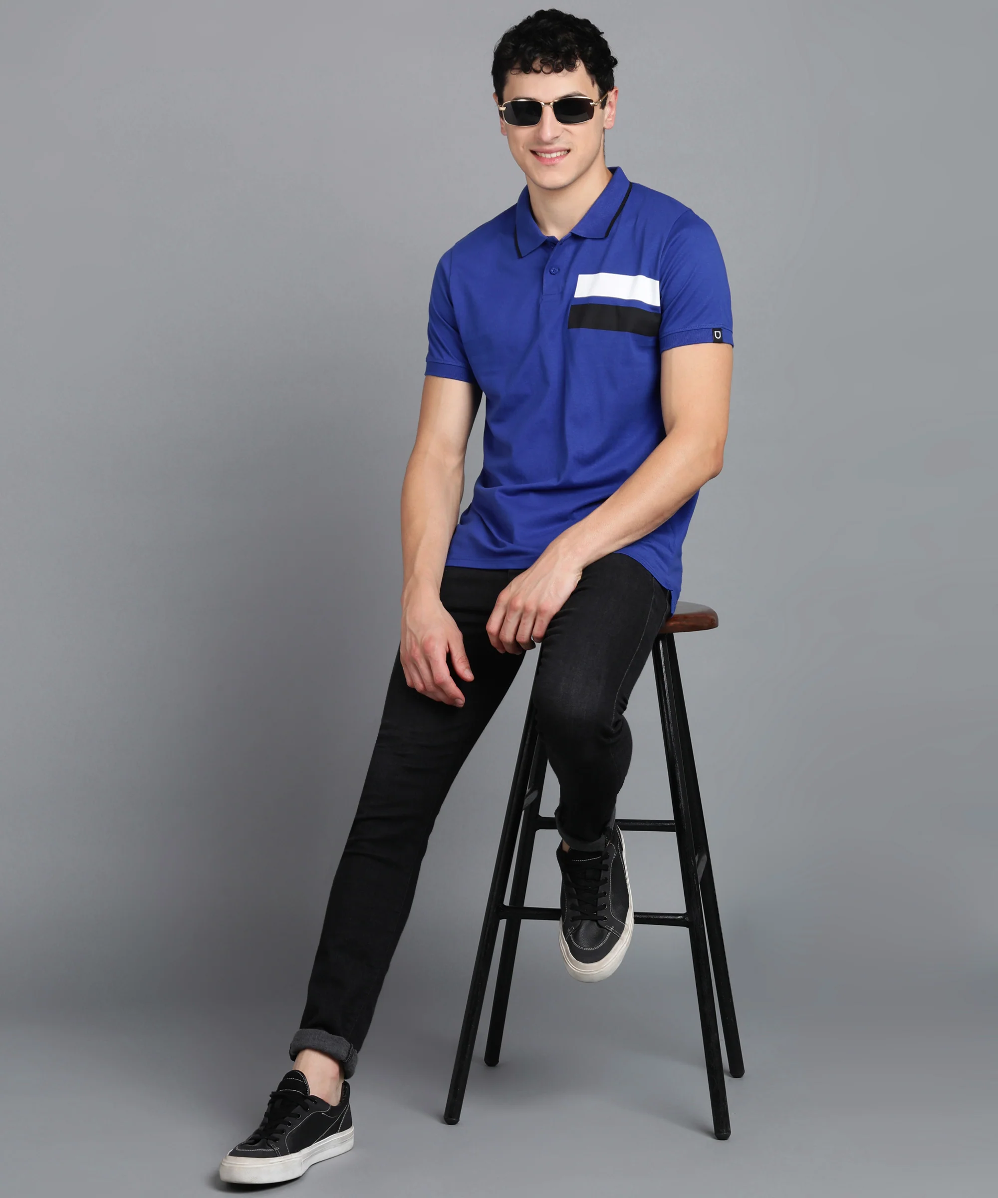 Men's Royal Blue Colour-Block Slim Fit Half Sleeve Cotton Polo T-Shirt - Image 4