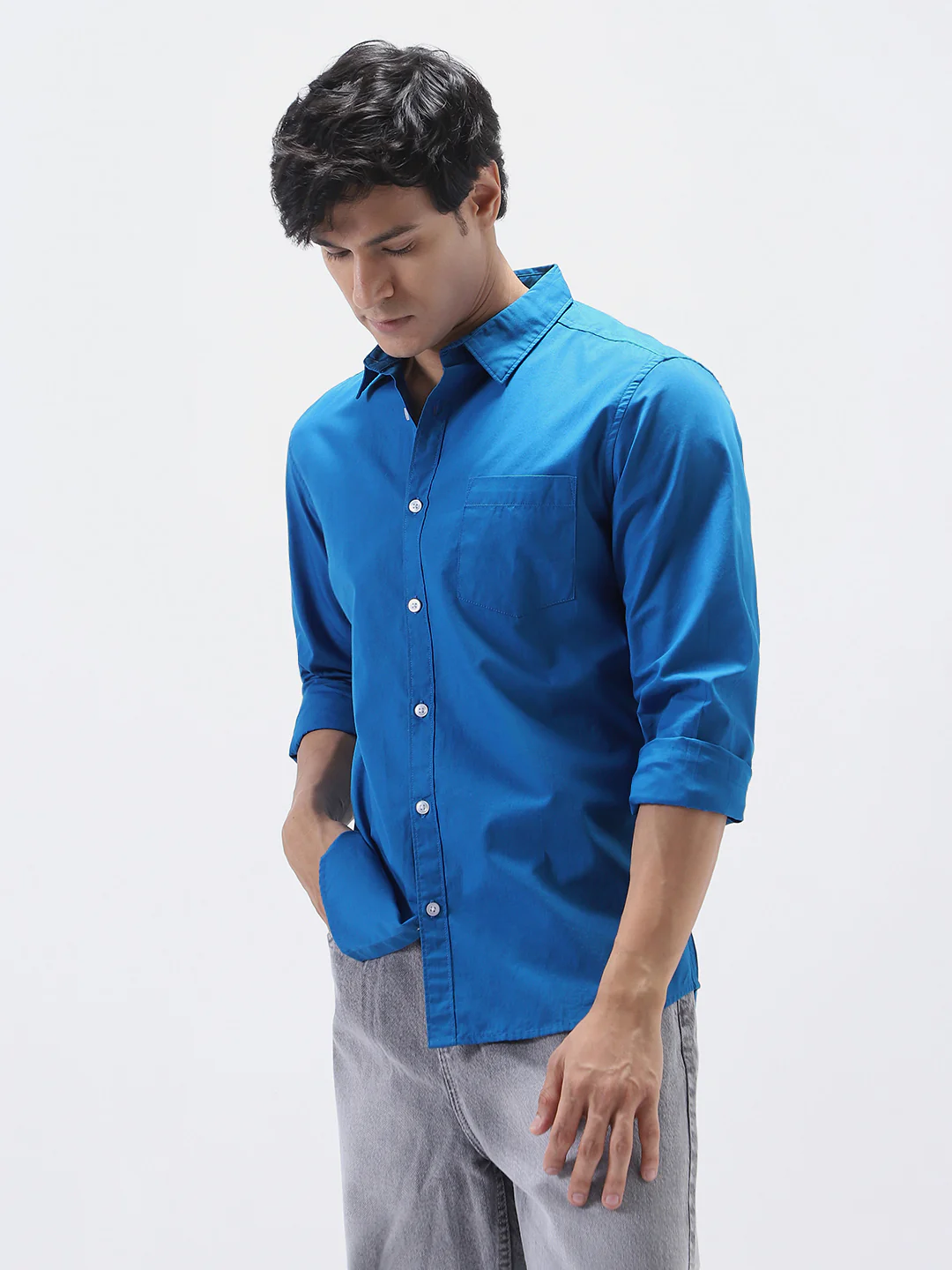 Men's Royal Blue Cotton Full Sleeve Regular Fit Casual Solid Shirt - Image 3