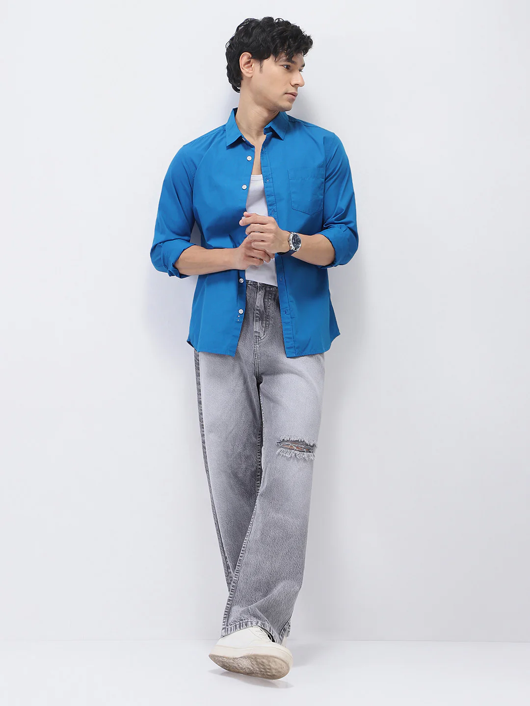 Men's Royal Blue Cotton Full Sleeve Regular Fit Casual Solid Shirt - Image 5