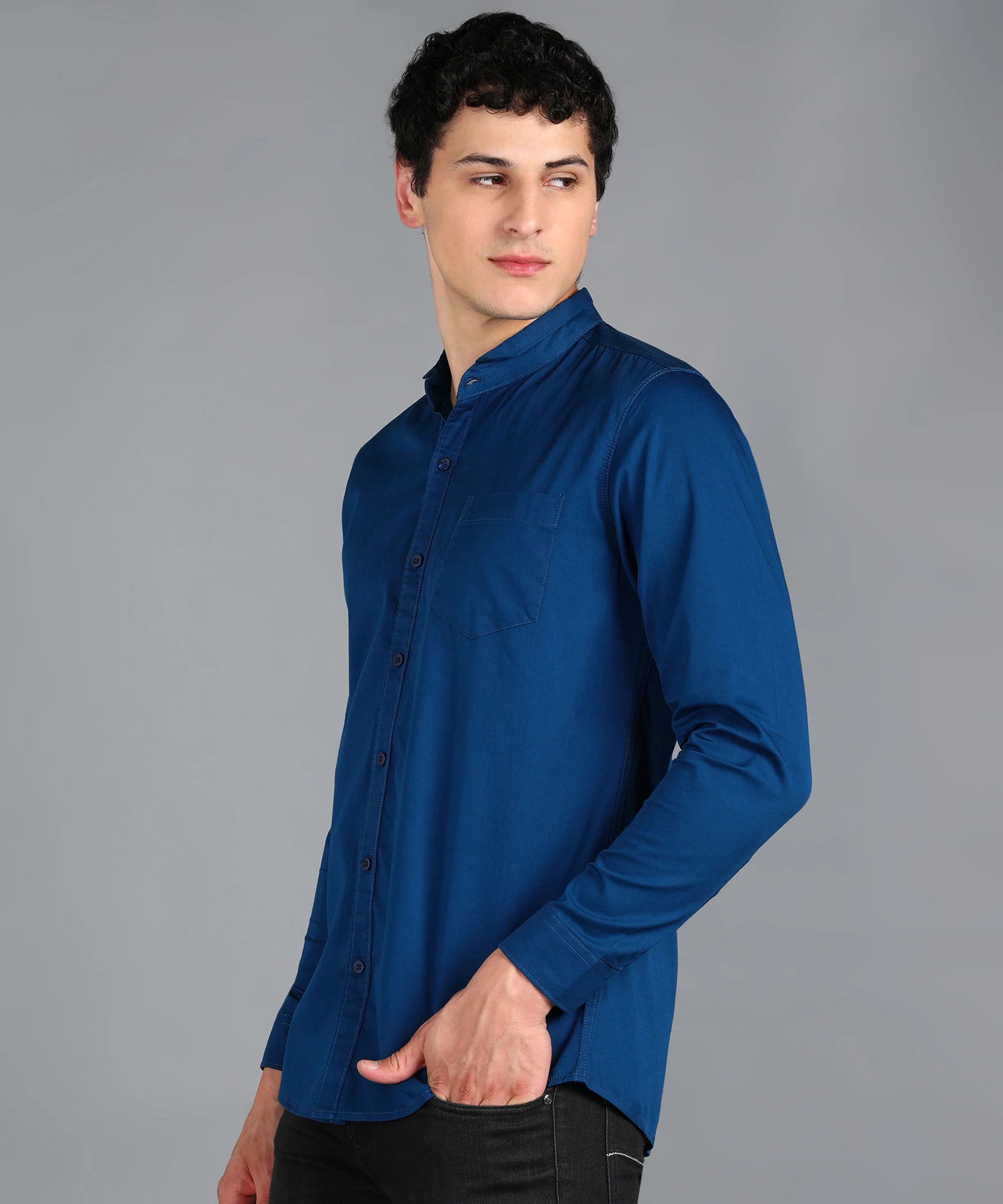 Men's Royal Blue Cotton Full Sleeve Slim Fit Solid Shirt with Mandarin Collar - Image 2