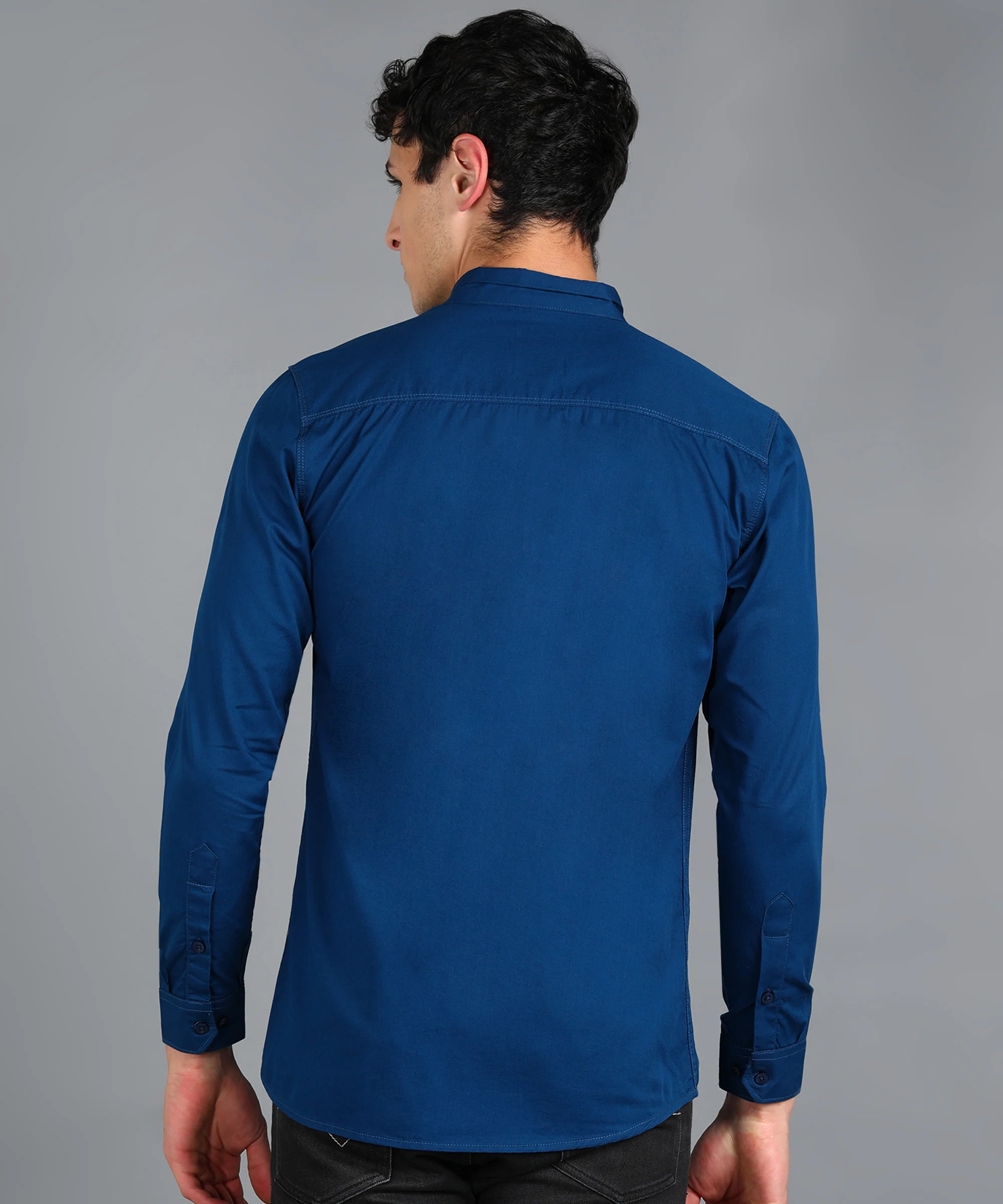 Men's Royal Blue Cotton Full Sleeve Slim Fit Solid Shirt with Mandarin Collar - Image 3