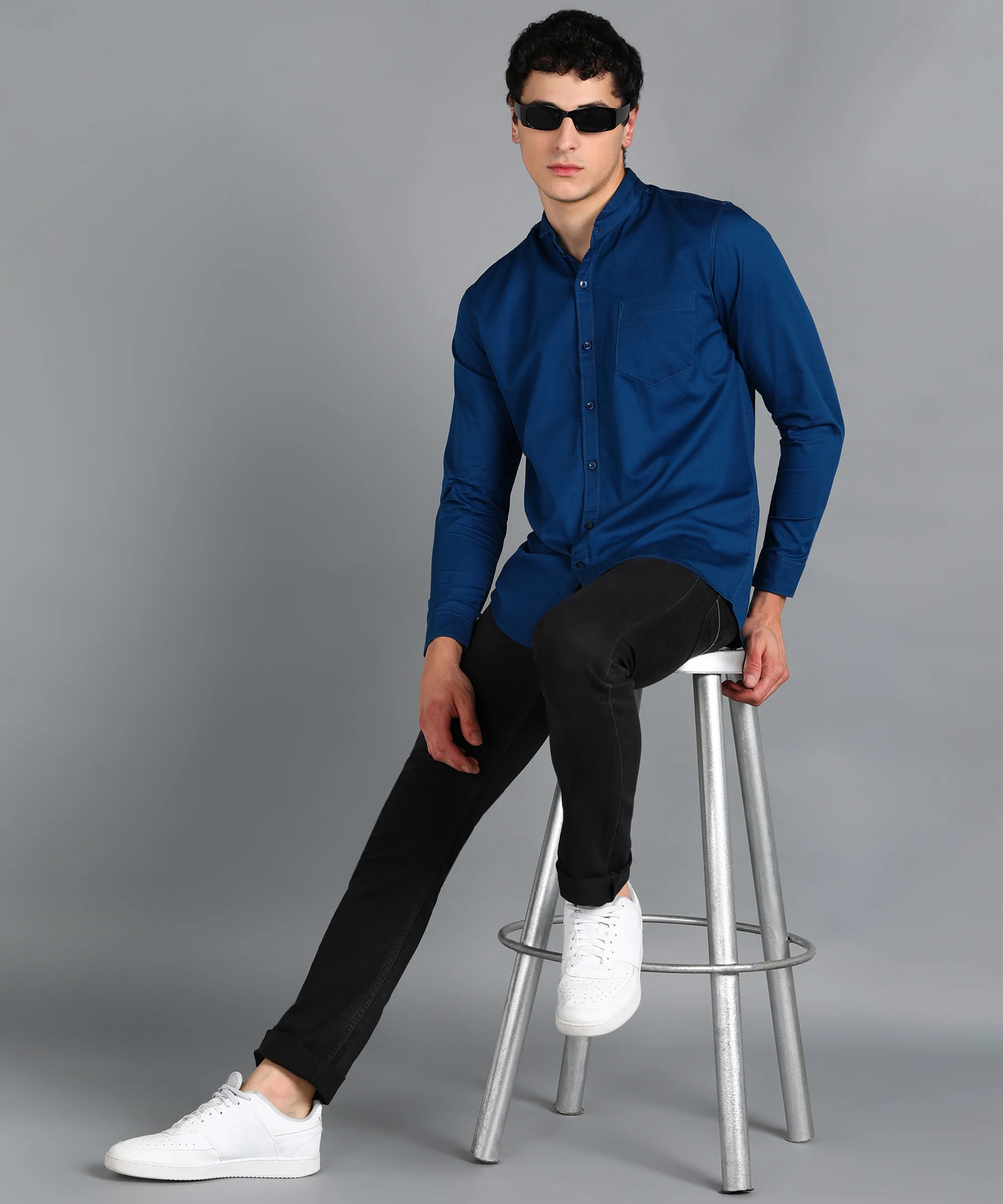 Men's Royal Blue Cotton Full Sleeve Slim Fit Solid Shirt with Mandarin Collar - Image 4