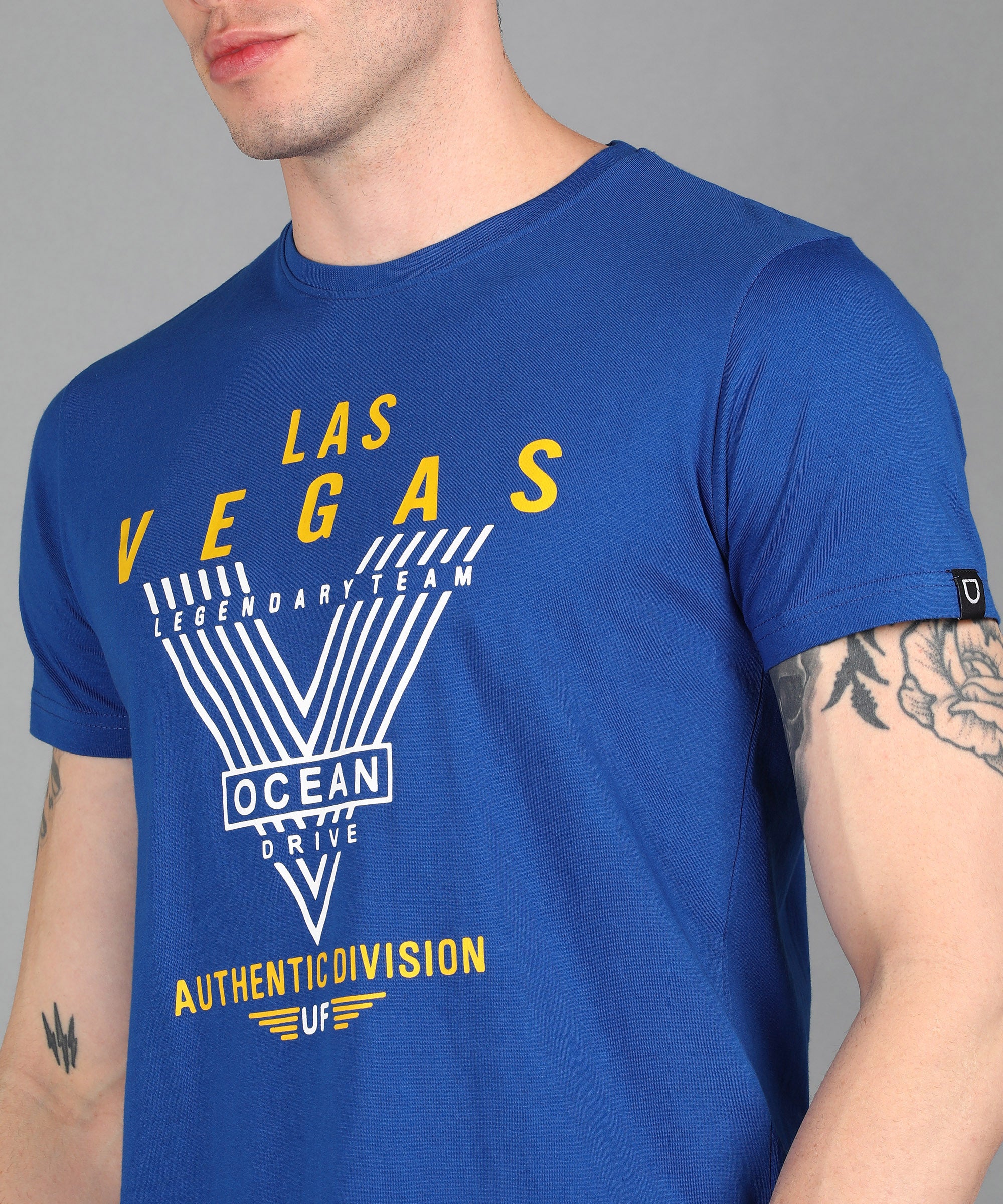 Urbano Fashion Men's Royal Blue Graphic Printed Round Neck Half Sleeve Slim Fit Cotton T-Shirt - Image 3