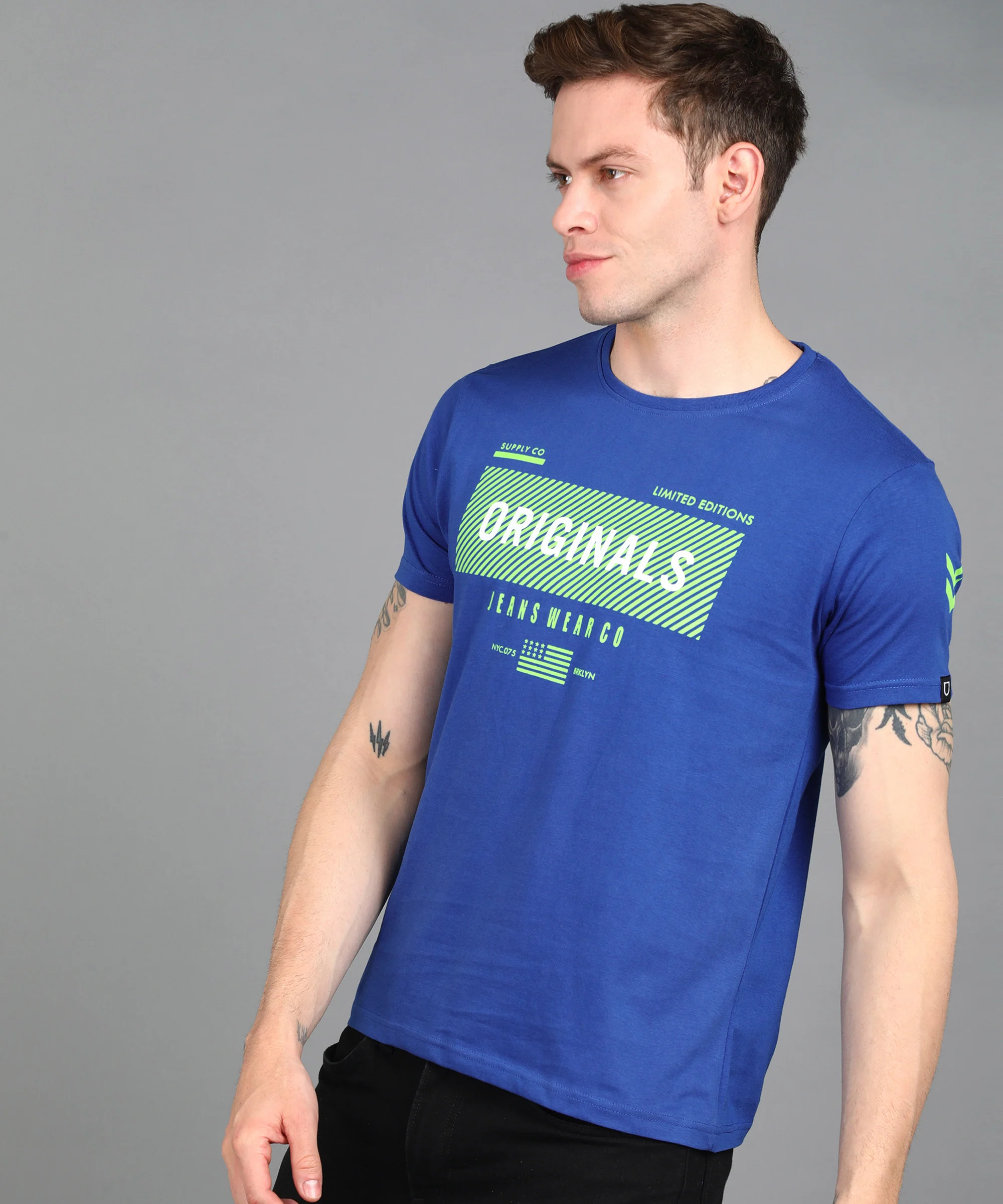 Urbano Fashion Men's Royal Blue Graphic Printed Round Neck Half Sleeve Slim Fit Cotton T-Shirt - Image 2