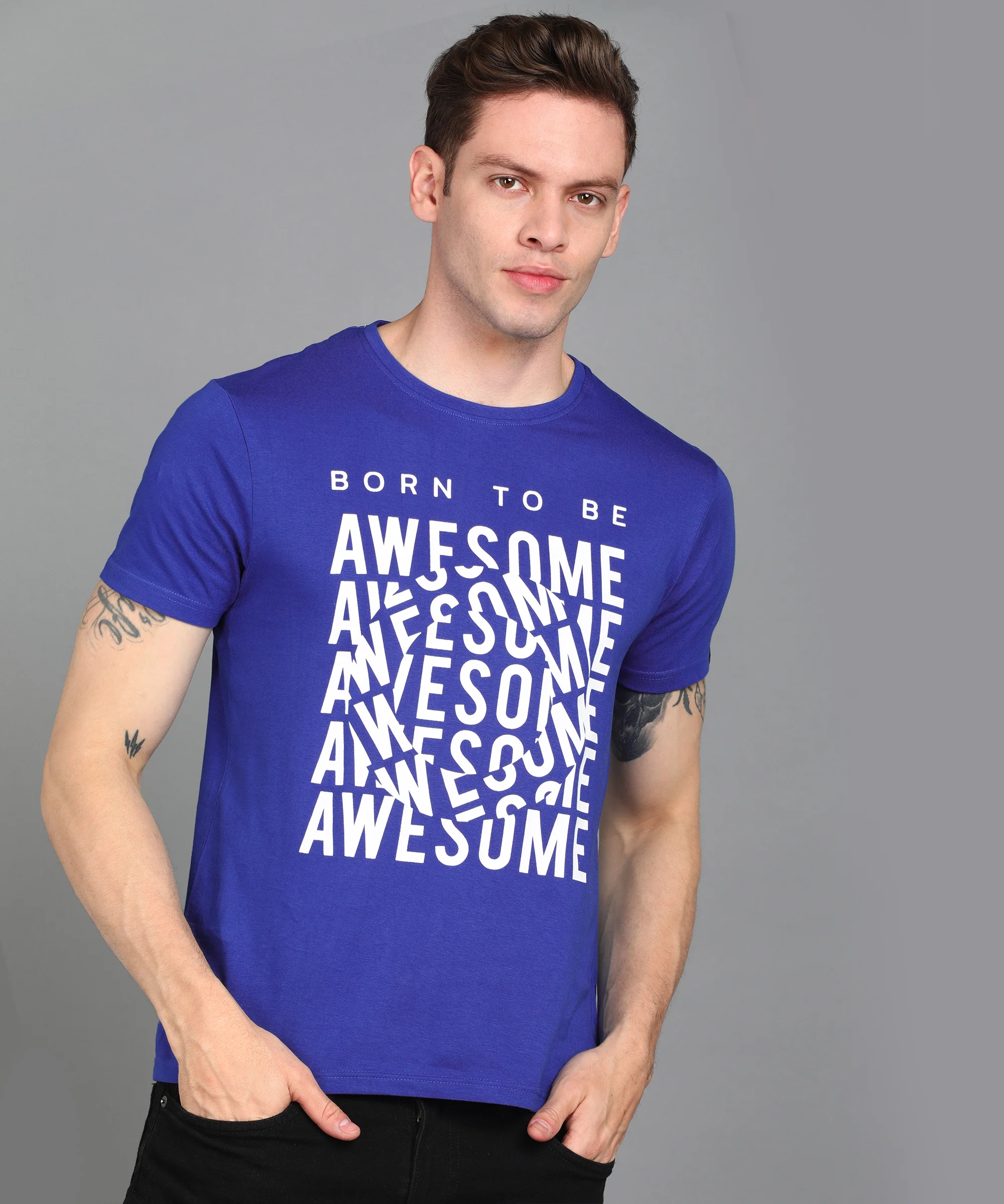Urbano Fashion Men's Royal Blue Graphic Printed Round Neck Half Sleeve Slim Fit Cotton T-Shirt