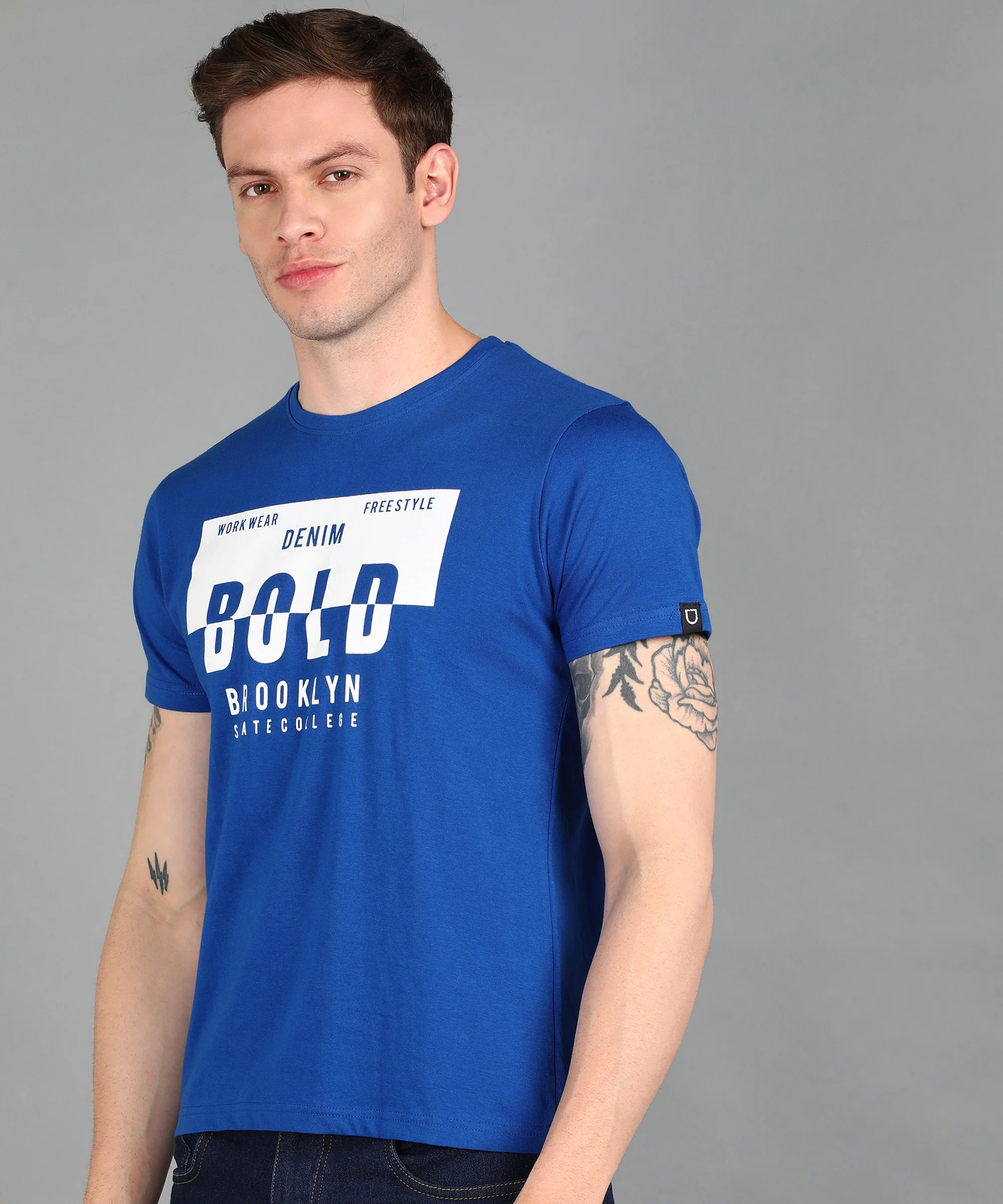 Urbano Fashion Men's Royal Blue Graphic Printed Round Neck Half Sleeve Slim Fit Cotton T-Shirt - Image 2