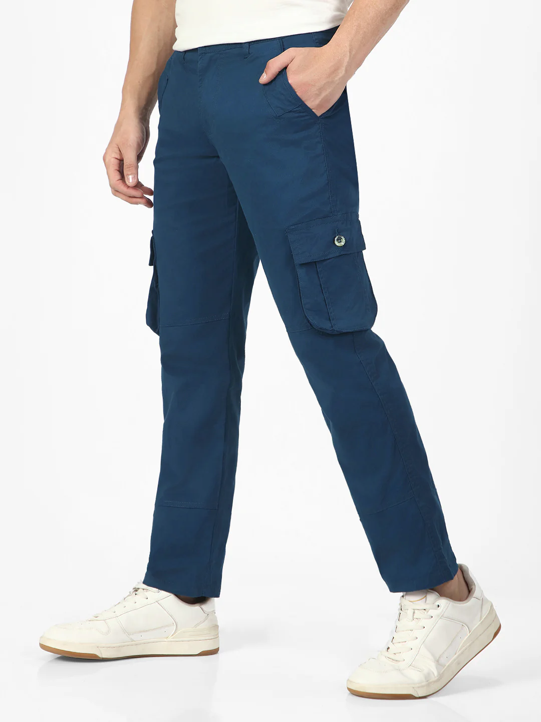 Men's Royal Blue Regular Fit Solid Cargo Chino Pant with 6 Pockets - Image 3