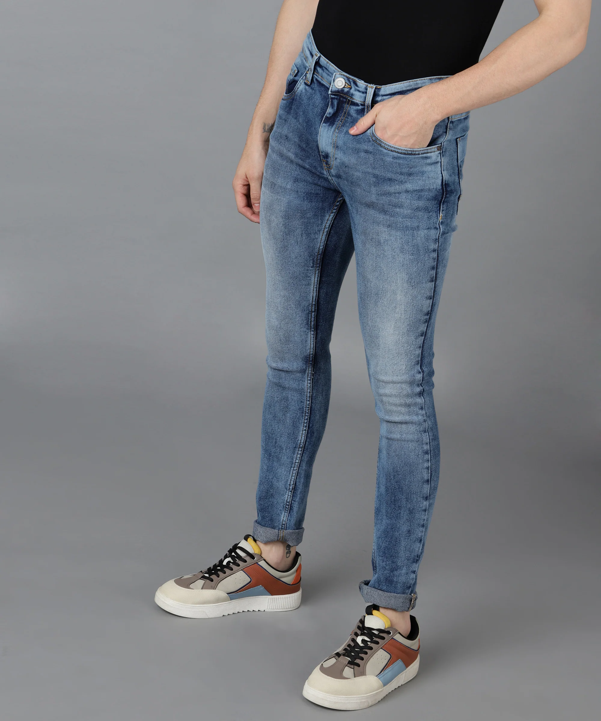 Men's Royal Blue Skinny Fit Washed Jeans Stretchable - Image 2