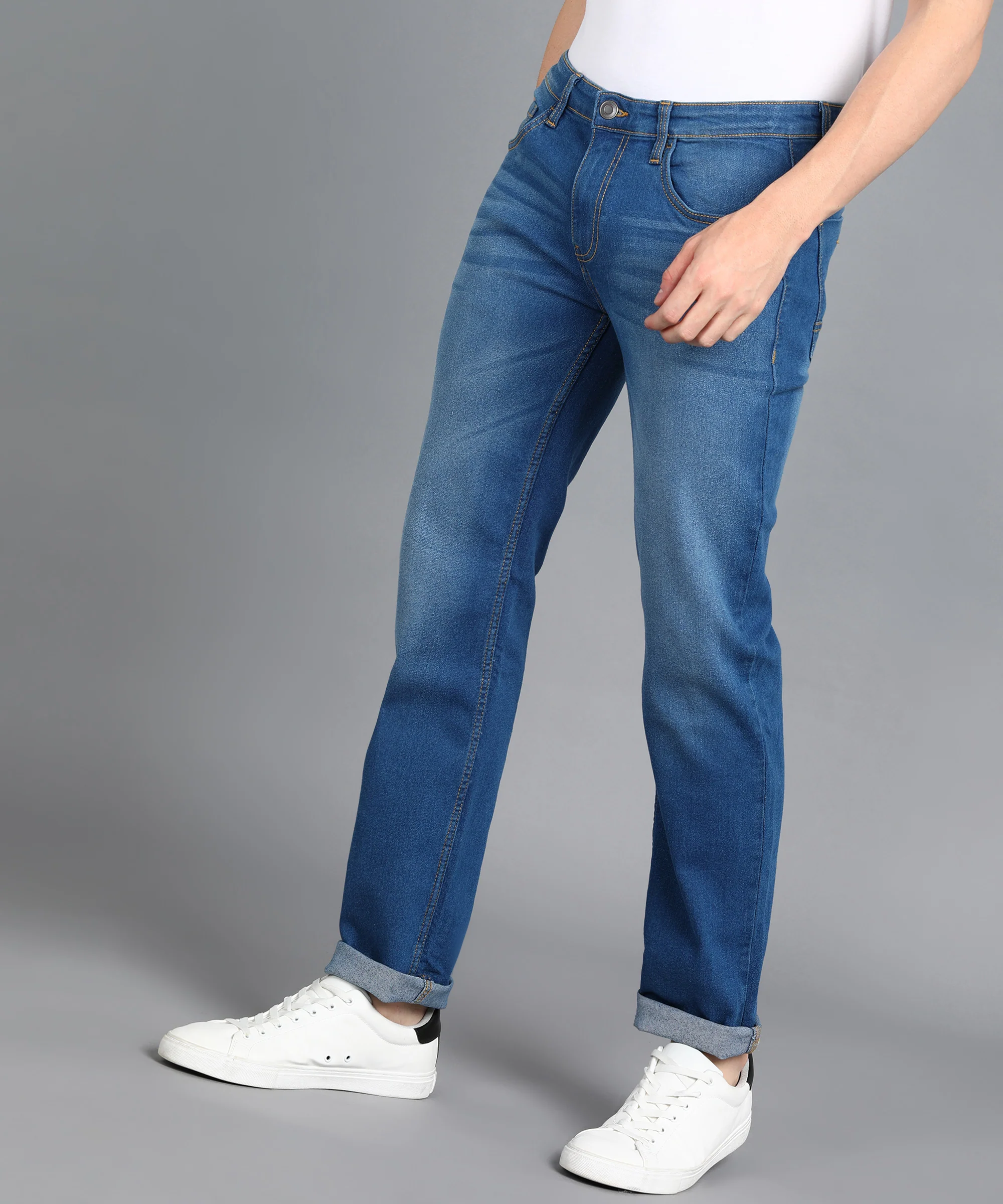 Men's Royal Blue Slim Fit Washed Jeans Stretchable - Image 2