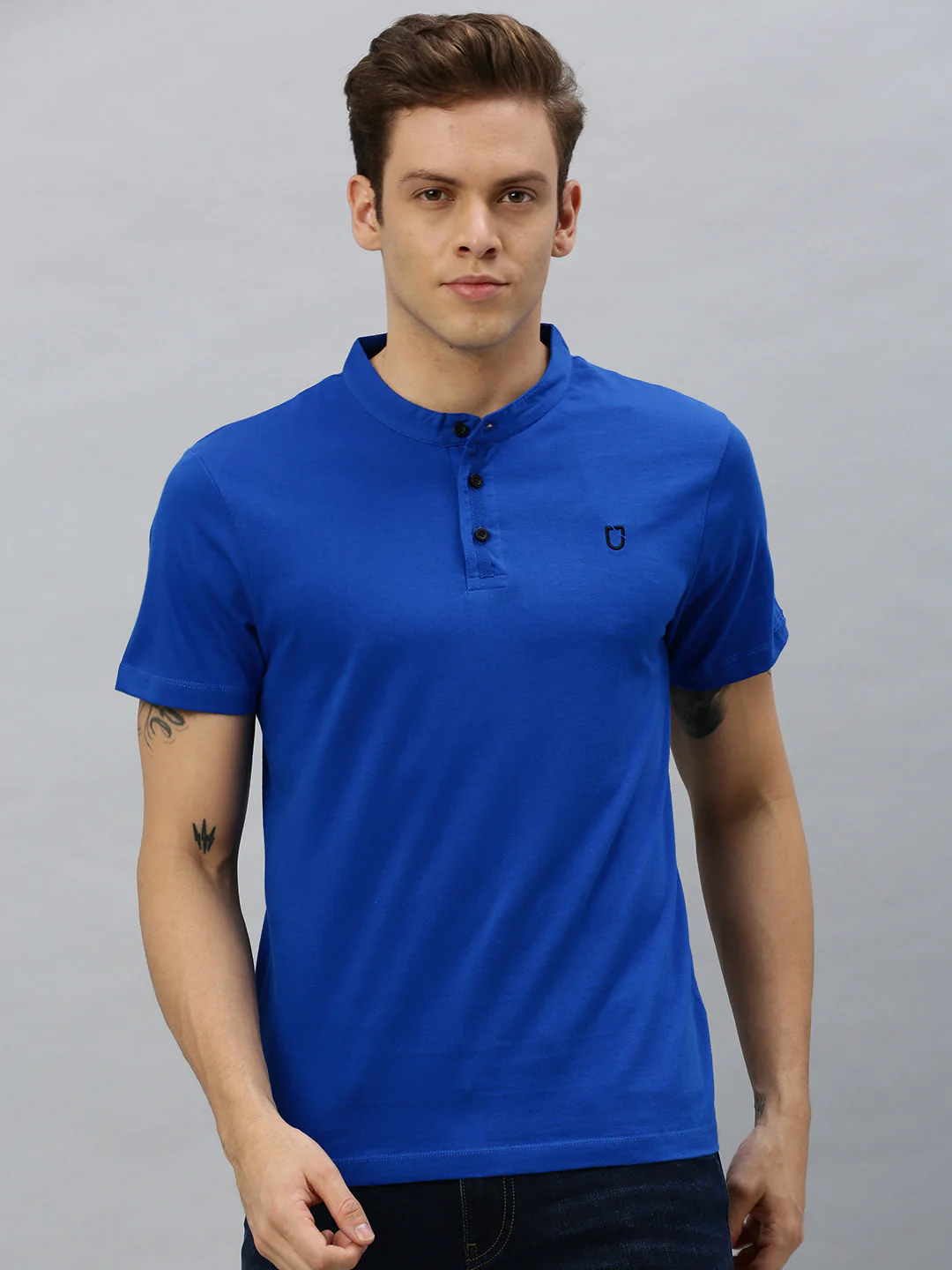 Men's Royal Blue Solid Mandarin Collar Slim Fit Cotton T-Shirt - Image 2