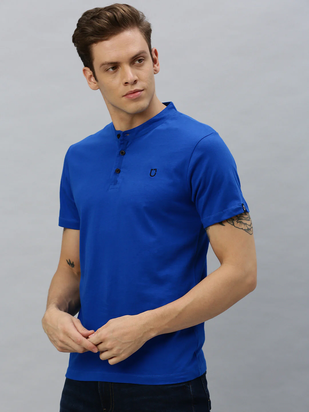 Men's Royal Blue Solid Mandarin Collar Slim Fit Cotton T-Shirt - Image 3