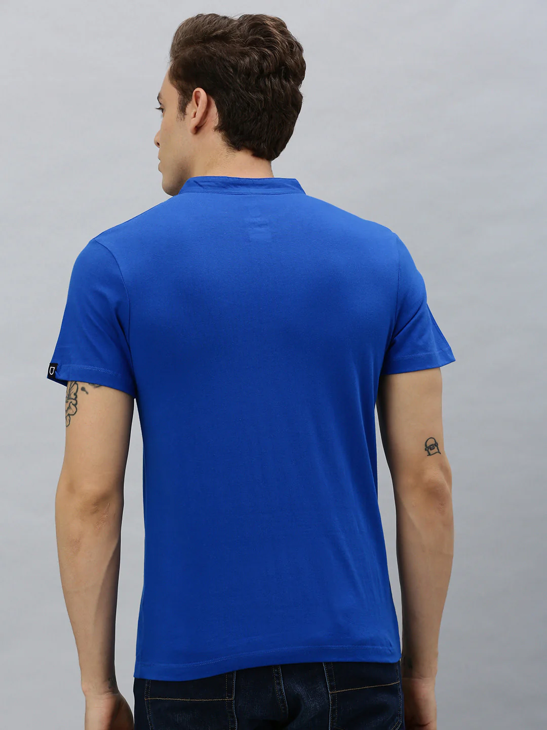 Men's Royal Blue Solid Mandarin Collar Slim Fit Cotton T-Shirt - Image 4