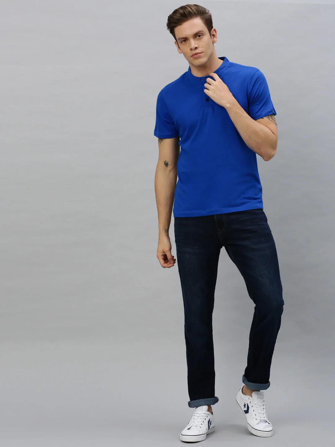 Men's Royal Blue Solid Mandarin Collar Slim Fit Cotton T-Shirt - Image 5
