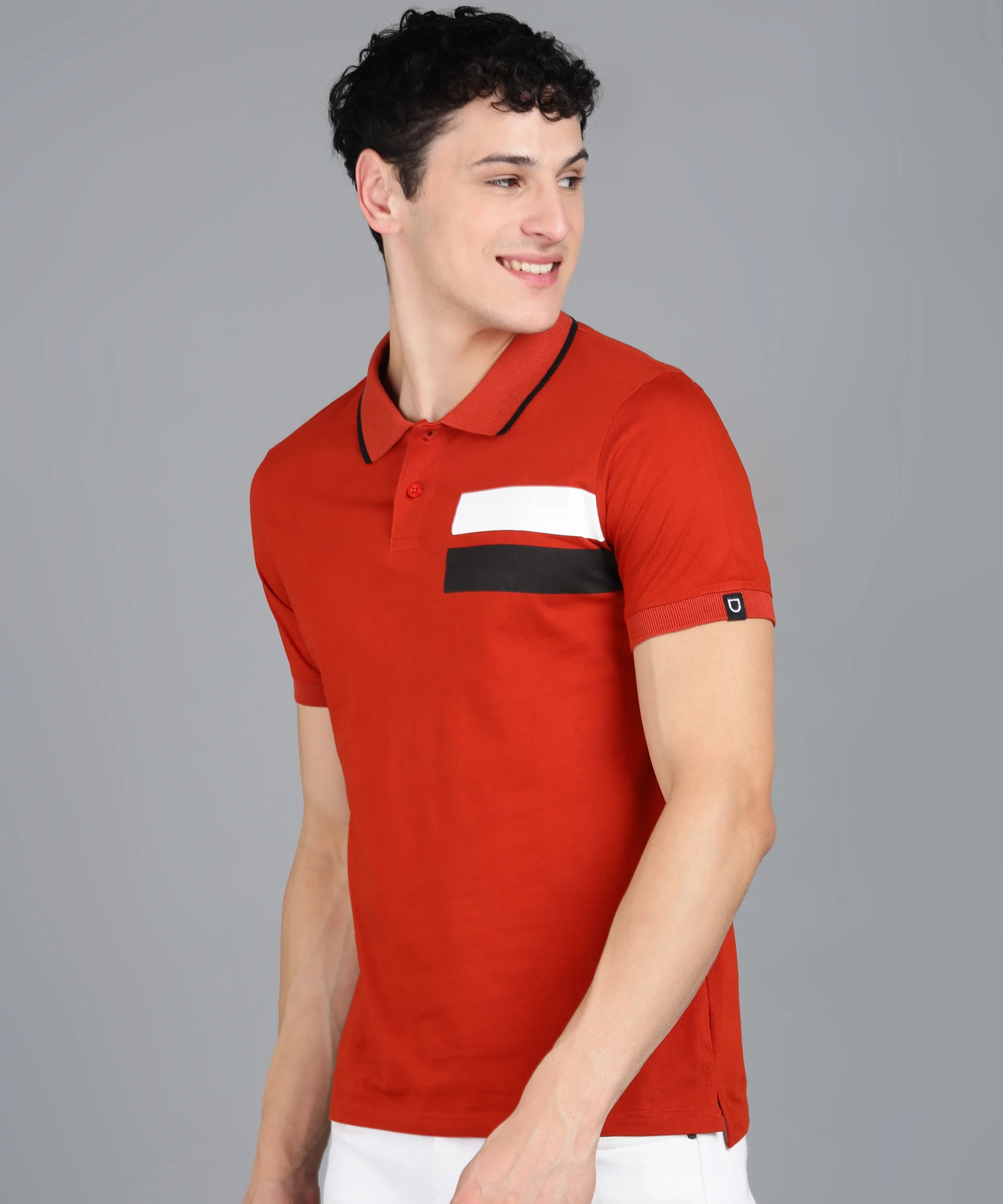 Men's Rust Colour-Block Slim Fit Half Sleeve Cotton Polo T-Shirt - Image 2