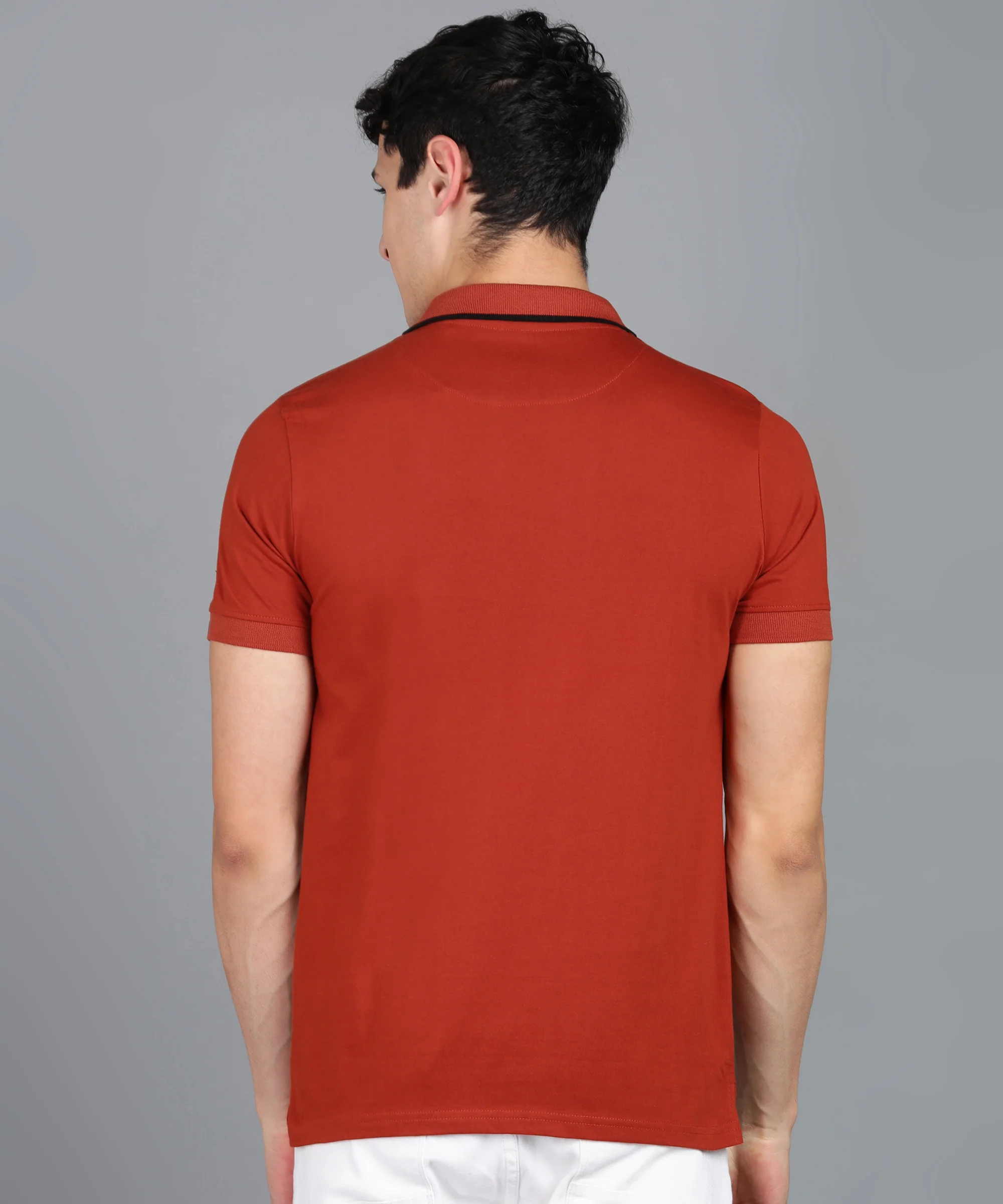 Men's Rust Colour-Block Slim Fit Half Sleeve Cotton Polo T-Shirt - Image 3