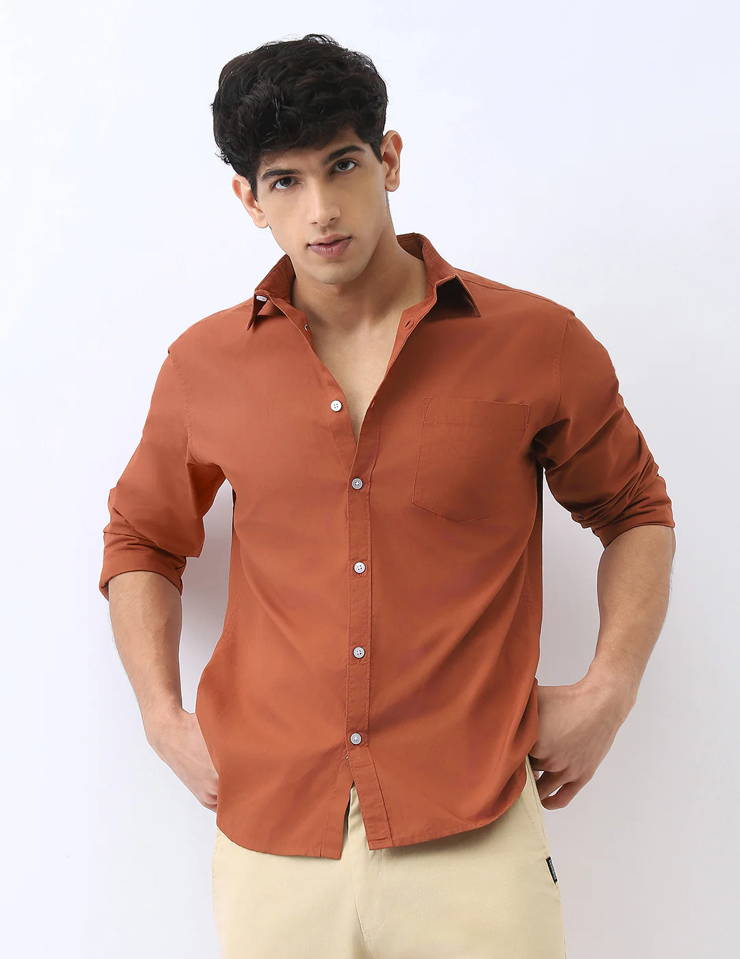 Men's Rust Cotton Full Sleeve Regular Fit Casual Solid Shirt - Image 2