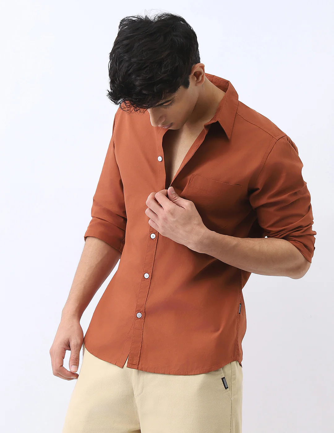 Men's Rust Cotton Full Sleeve Regular Fit Casual Solid Shirt - Image 3
