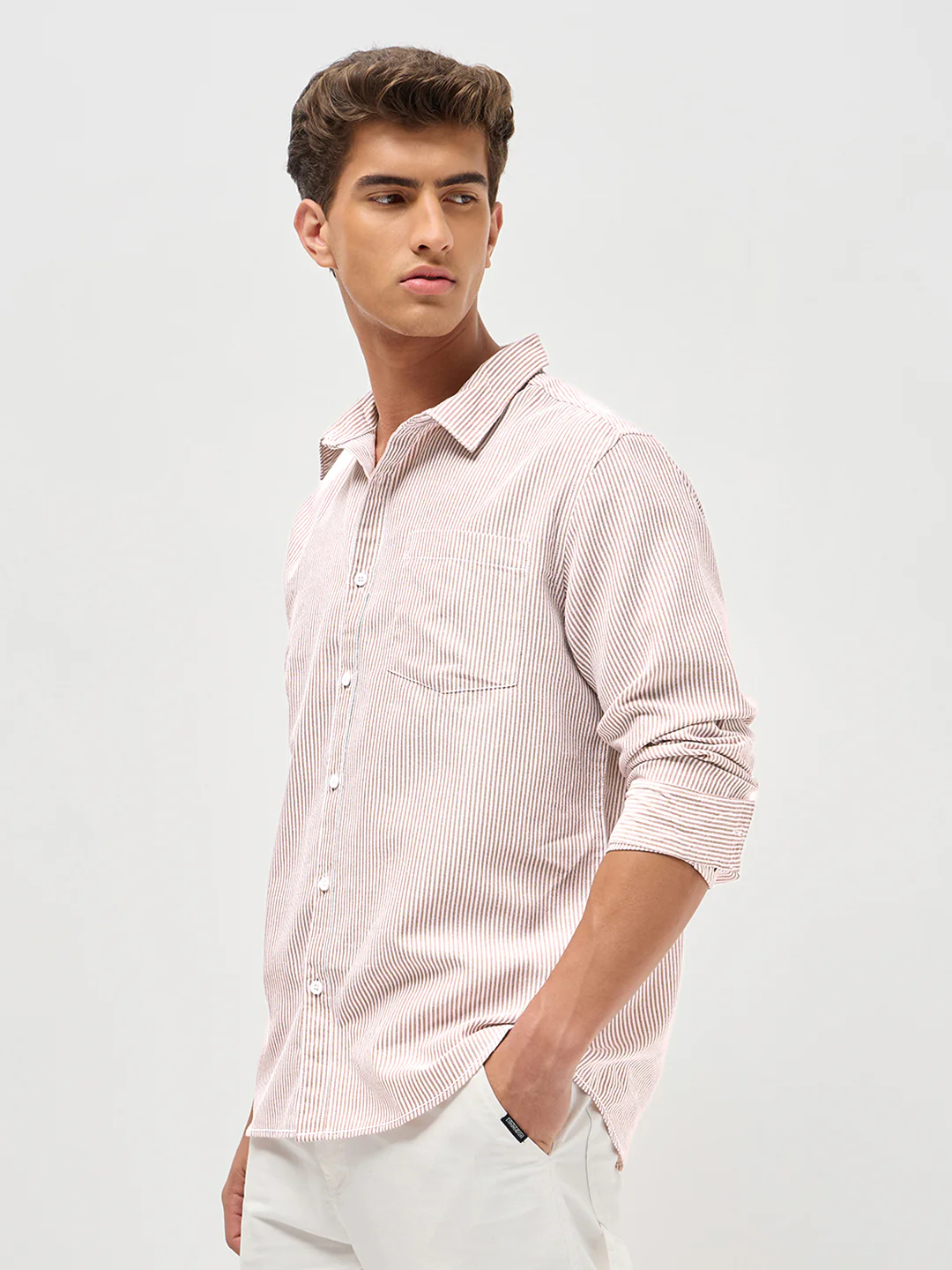 Men's Rust Cotton Full Sleeve Regular Fit Casual Striped Shirt - Image 3
