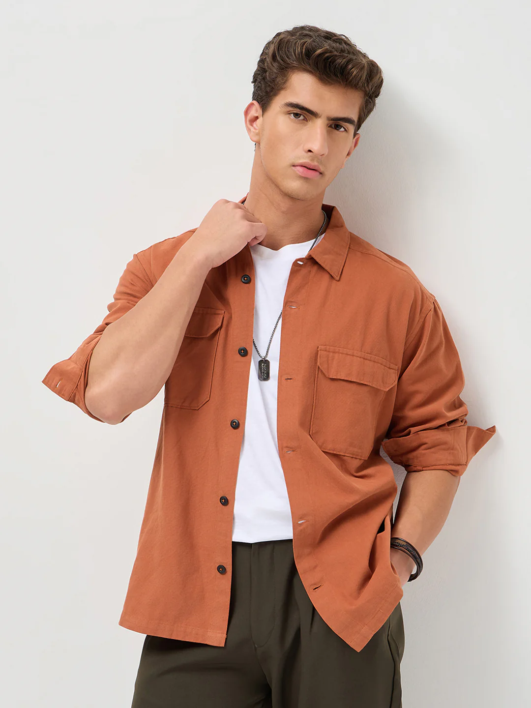 Men's Rust Cotton Full Sleeve Relaxed Fit Shacket with Utility Pockets