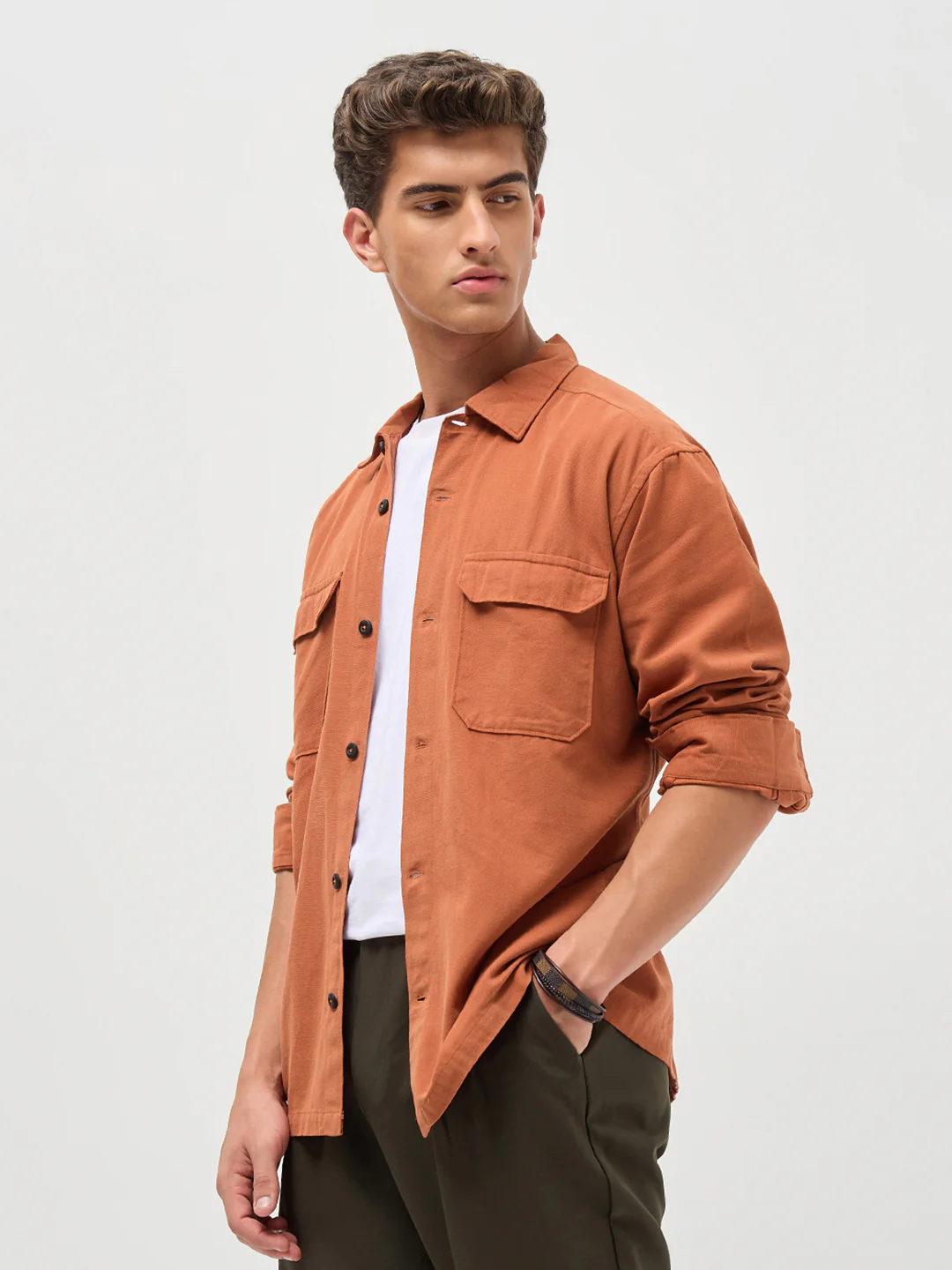 Men's Rust Cotton Full Sleeve Relaxed Fit Shacket with Utility Pockets - Image 2