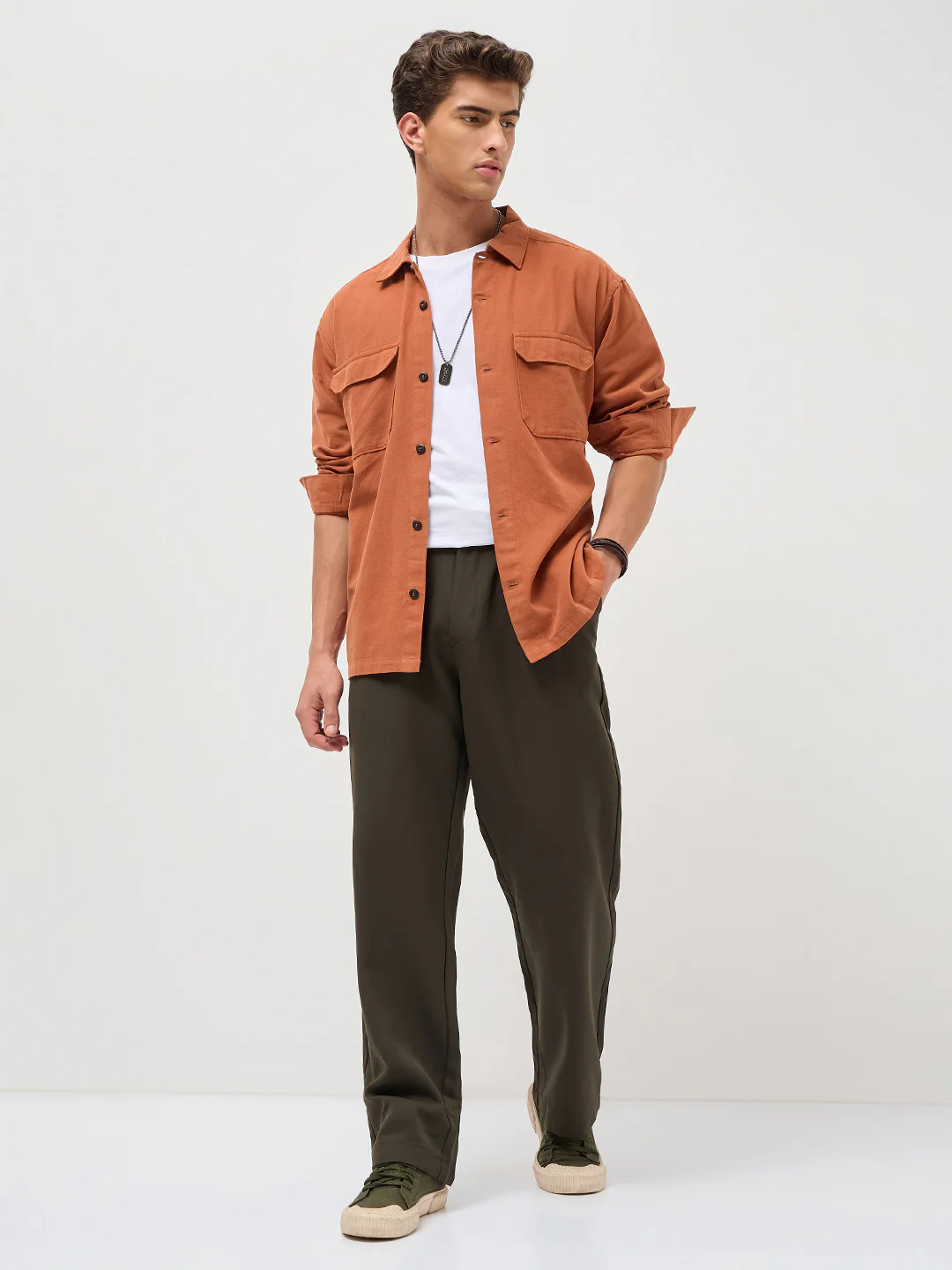 Men's Rust Cotton Full Sleeve Relaxed Fit Shacket with Utility Pockets - Image 4