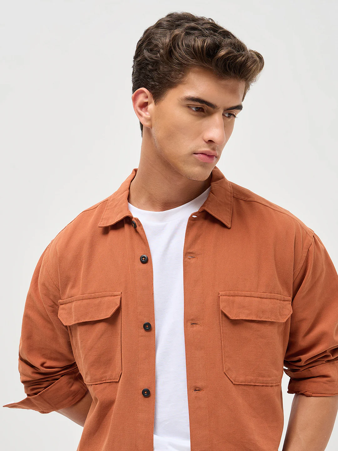 Men's Rust Cotton Full Sleeve Relaxed Fit Shacket with Utility Pockets - Image 5