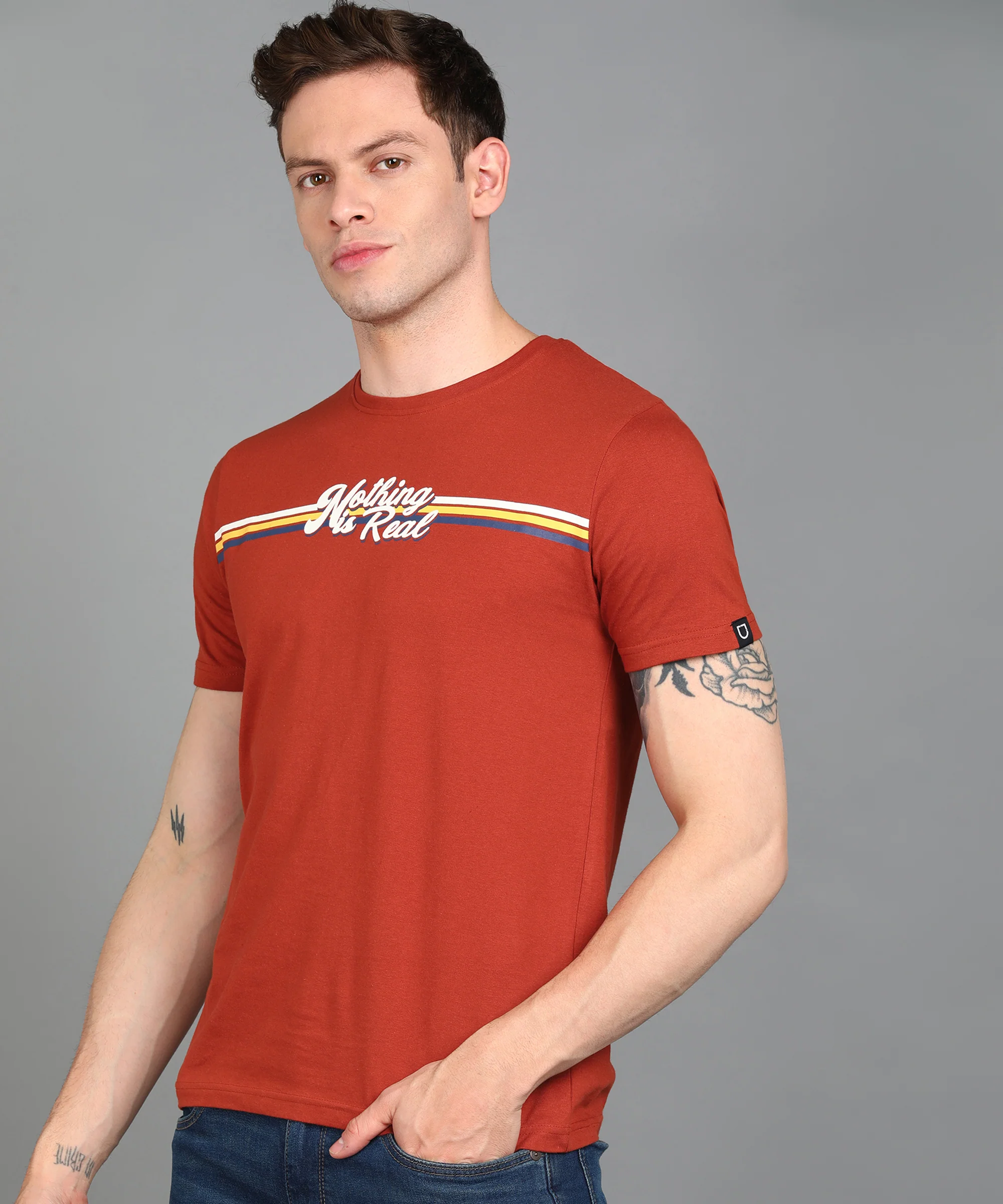 Urbano Fashion Men's Rust Graphic Printed Round Neck Half Sleeve Slim Fit Cotton T-Shirt - Image 2