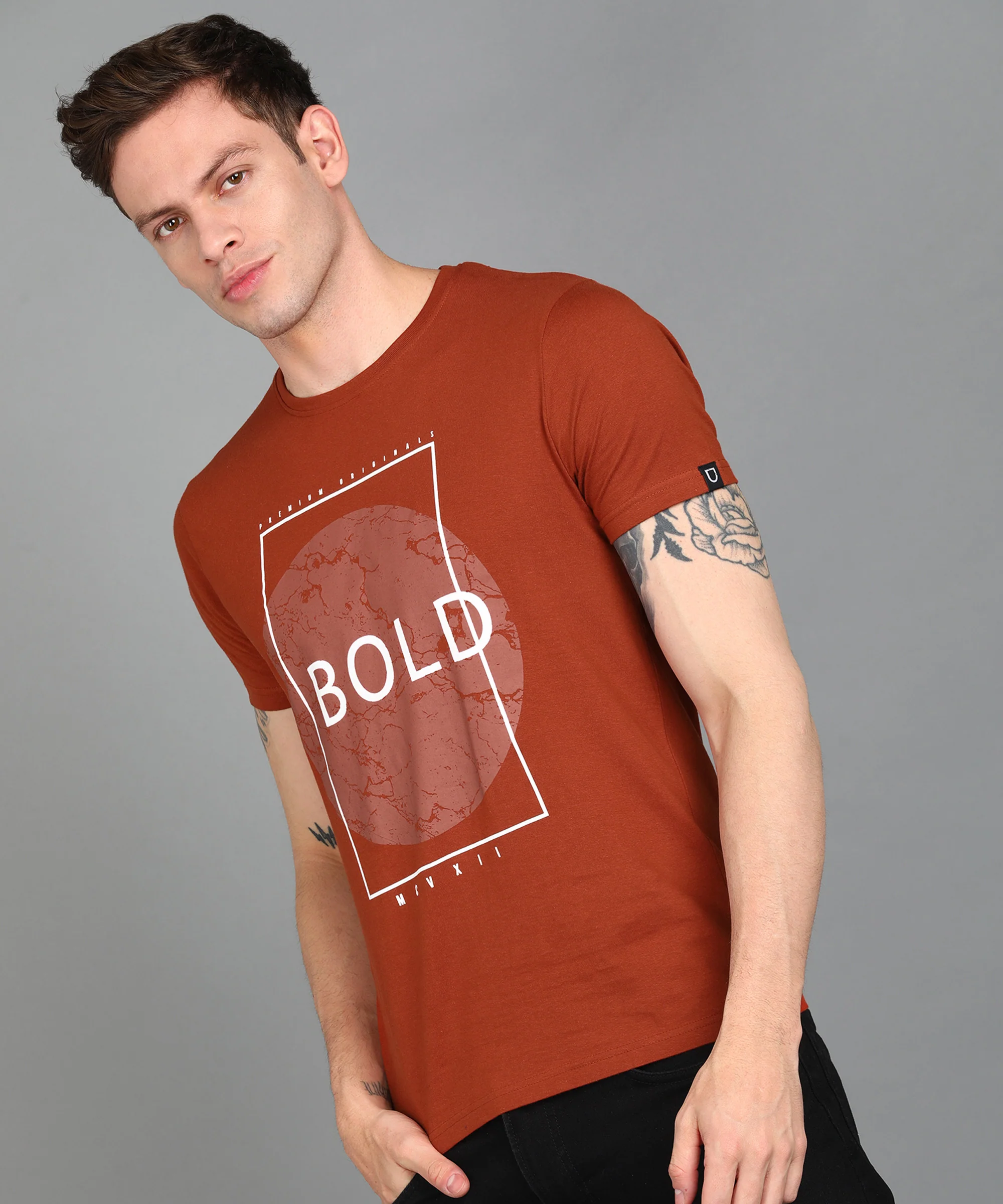 Urbano Fashion Men's Rust Graphic Printed Round Neck Half Sleeve Slim Fit Cotton T-Shirt - Image 2