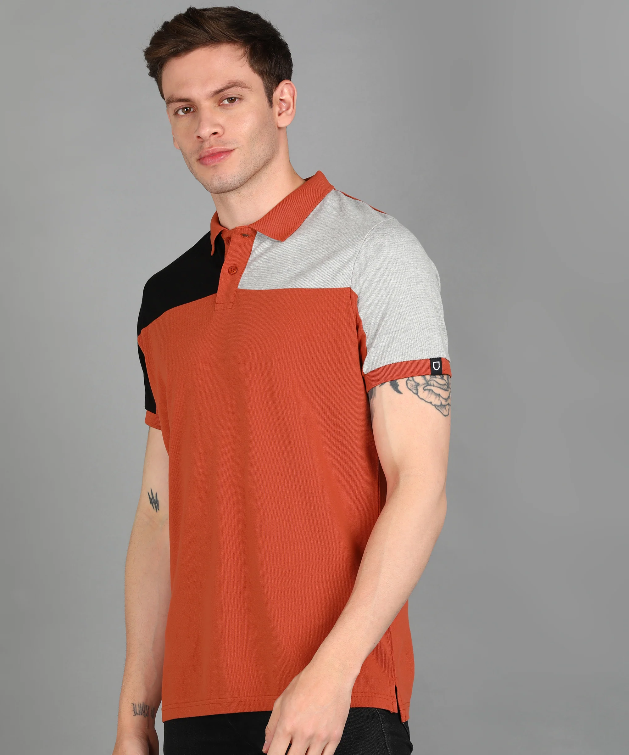 Men's Rust, Grey Melange, Black Colour-Block Slim Fit Half Sleeve Cotton Polo T-Shirt - Image 2