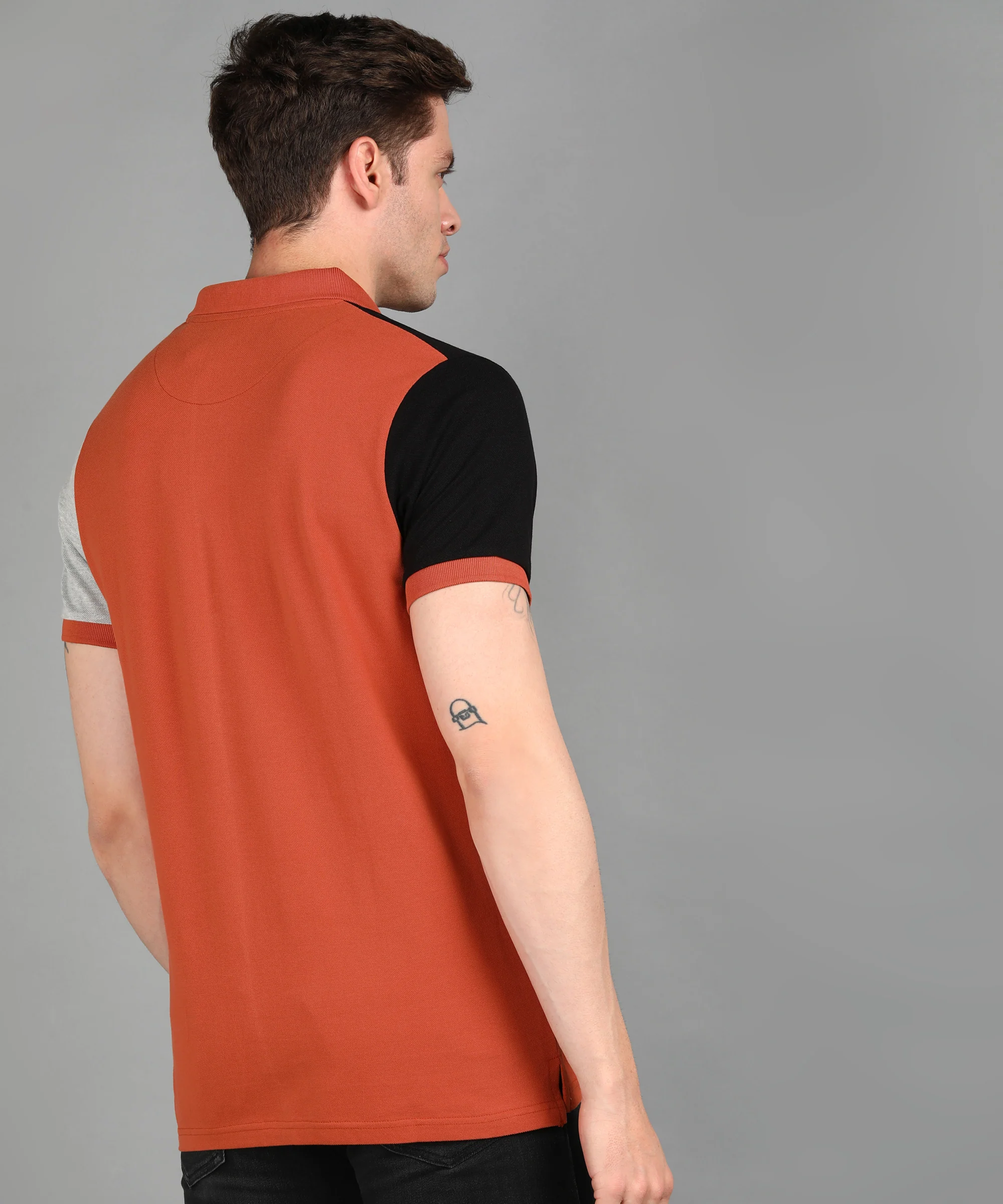 Men's Rust, Grey Melange, Black Colour-Block Slim Fit Half Sleeve Cotton Polo T-Shirt - Image 3