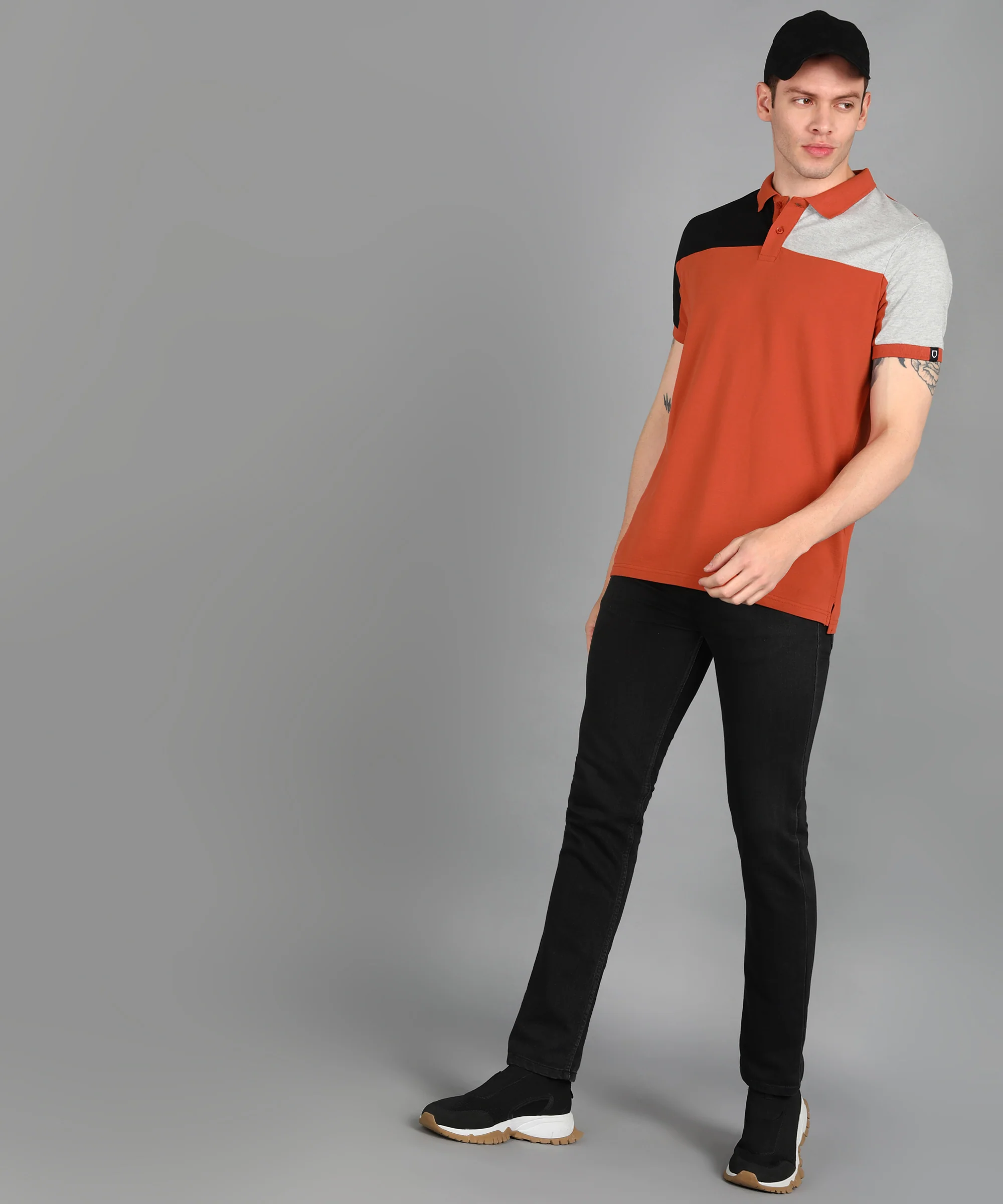 Men's Rust, Grey Melange, Black Colour-Block Slim Fit Half Sleeve Cotton Polo T-Shirt - Image 4