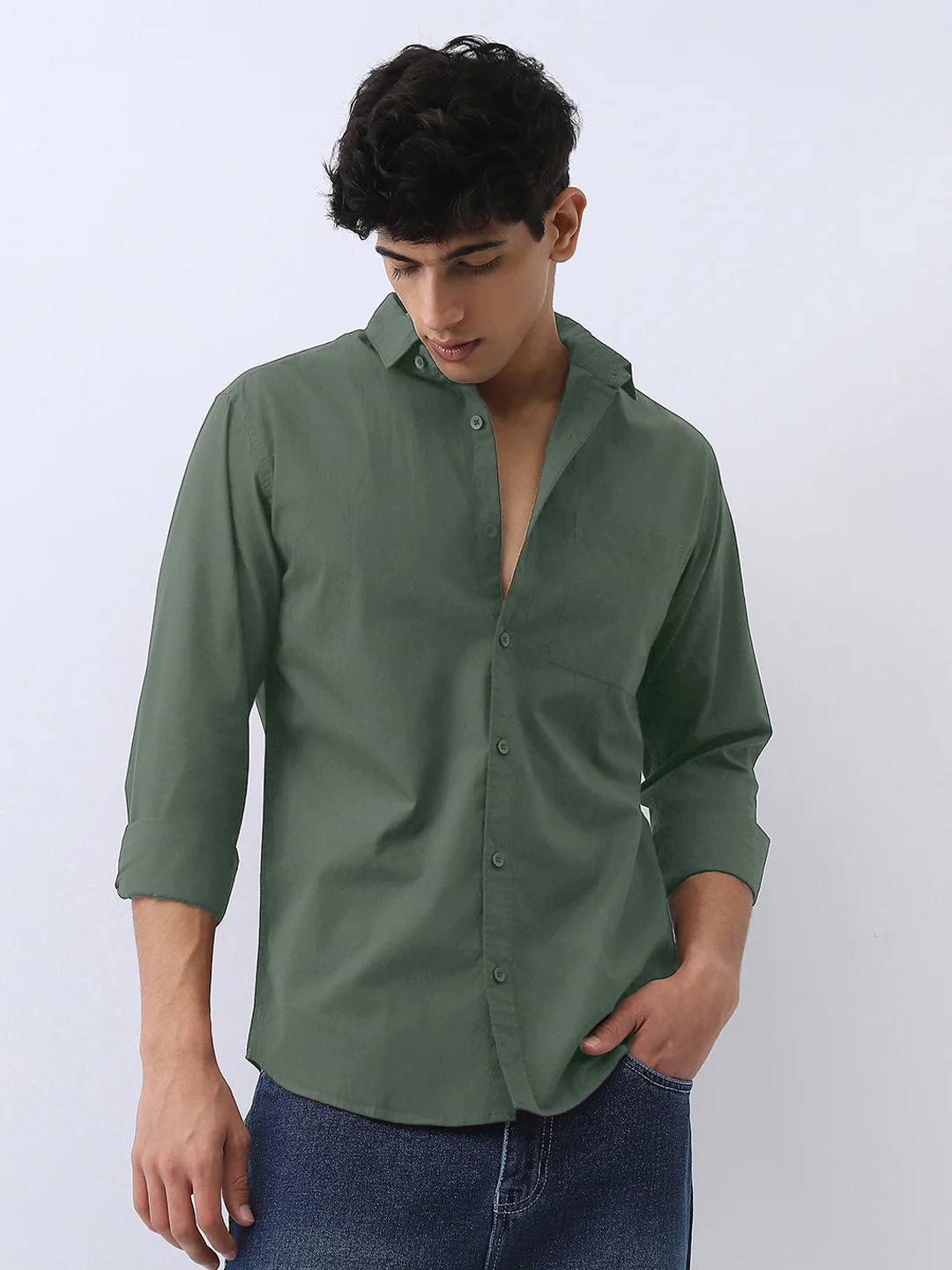Men's Sage Green Cotton Full Sleeve Regular Fit Casual Solid Shirt